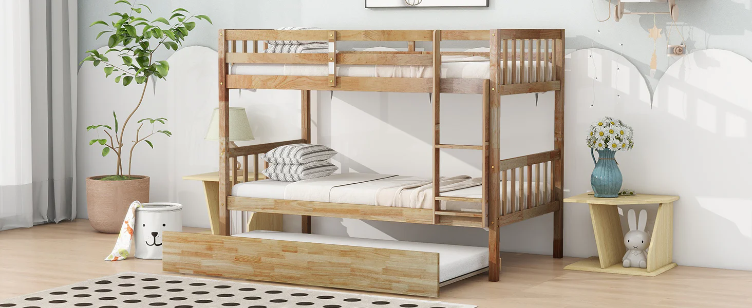 Walker Edison | Convertible Twin Over Twin Bunk Bed with Trundle with Ladder Sleeps 3