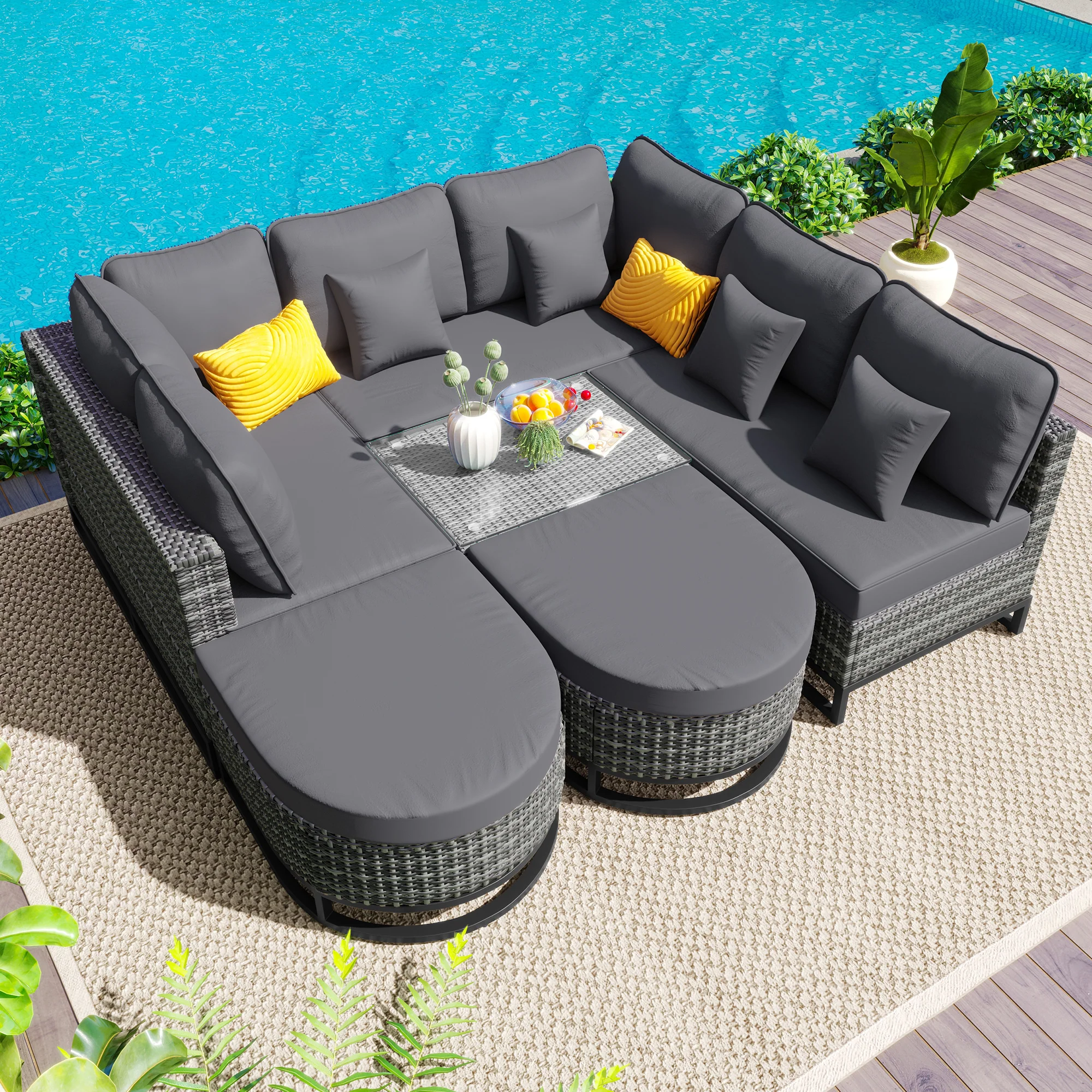 Walker Edison | Outdoor Rattan 7 Pieces Wicker Sofa Set with Coffee Table
