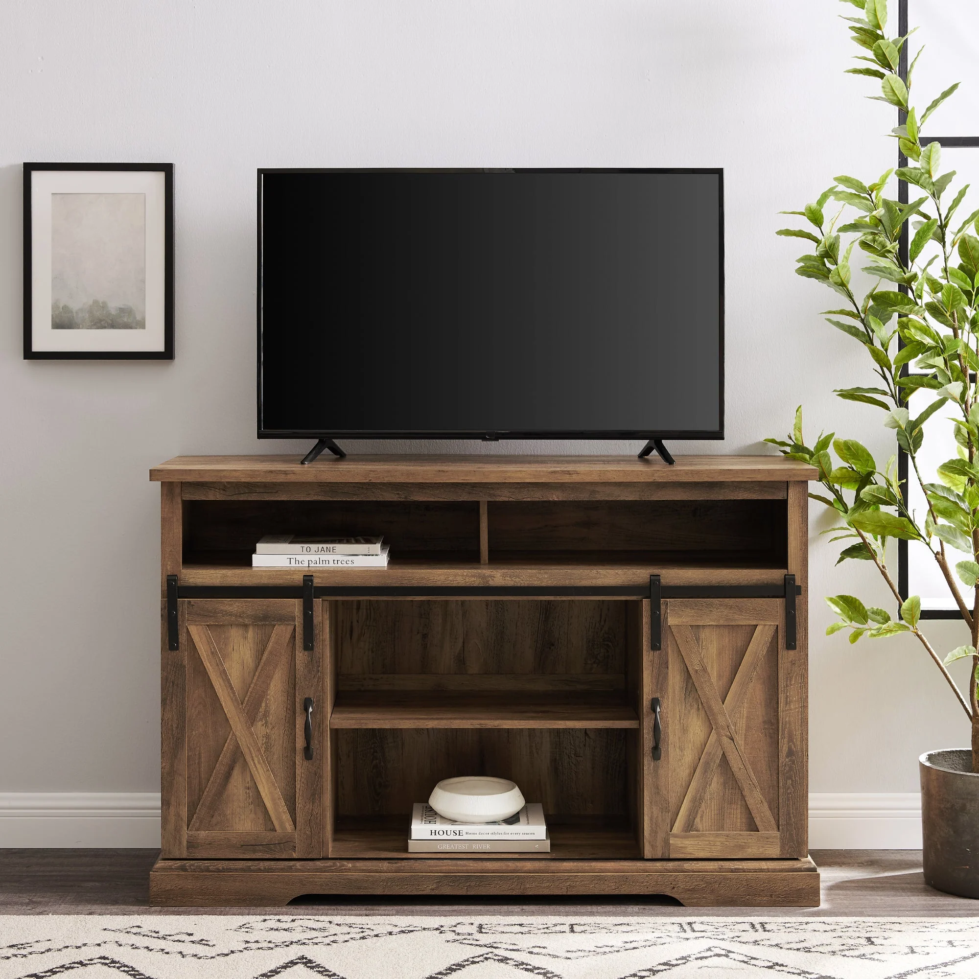 Farmhouse 52 Sliding Barn Door Highboy Modern TV Stand