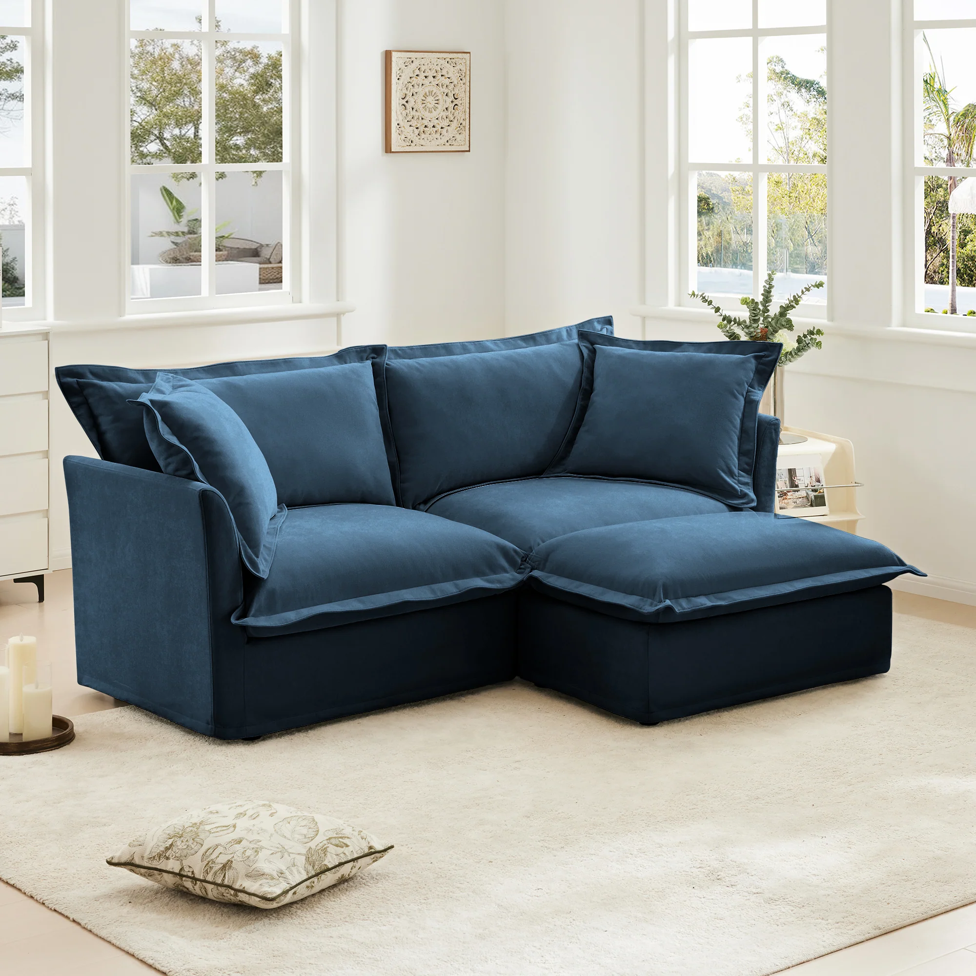 Walker Edison | Cloud Slipcovered Sectional Blue Sofa Ottoman