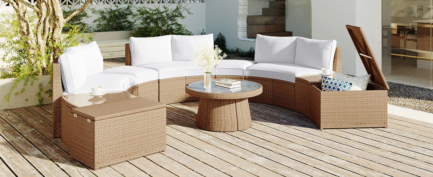 Walker Edison | Wicker Half Moon Outdoor 10-Piece Sectional Sofa Set with Storage