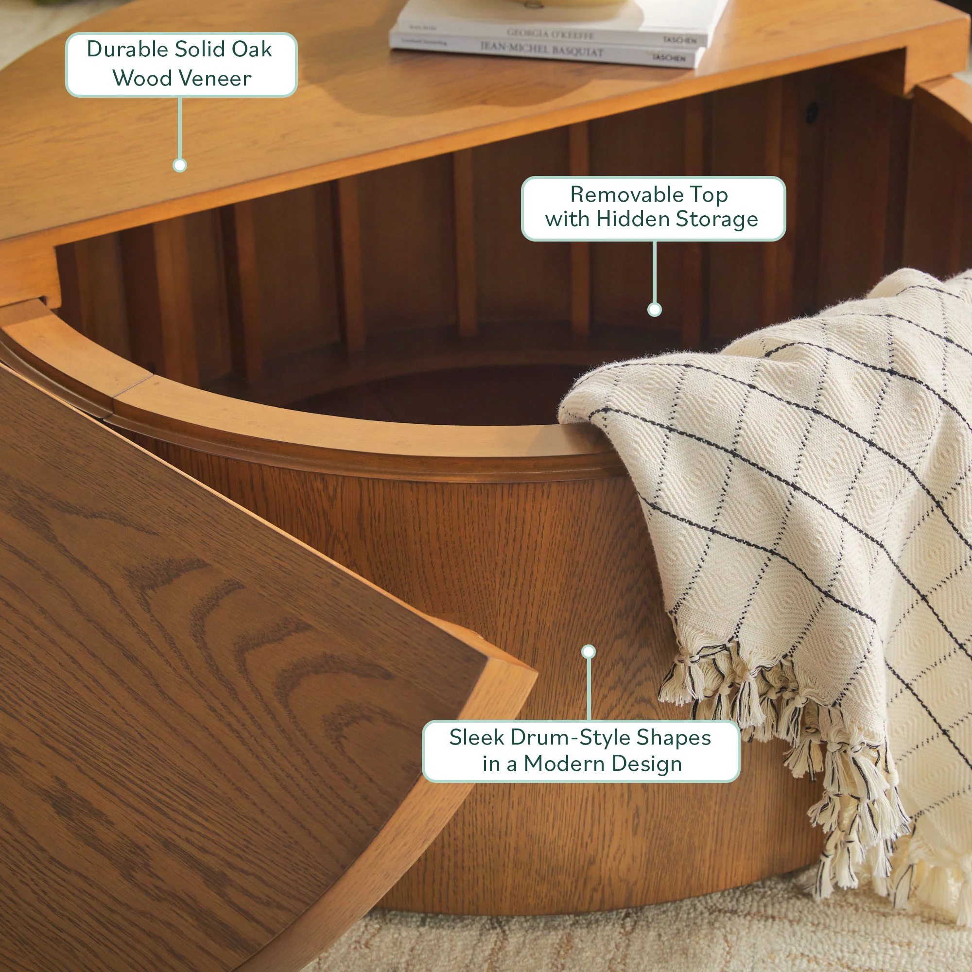 Maya 36 Modern Easy Assembly Round Oak Wood Veneer Coffee table with Storage