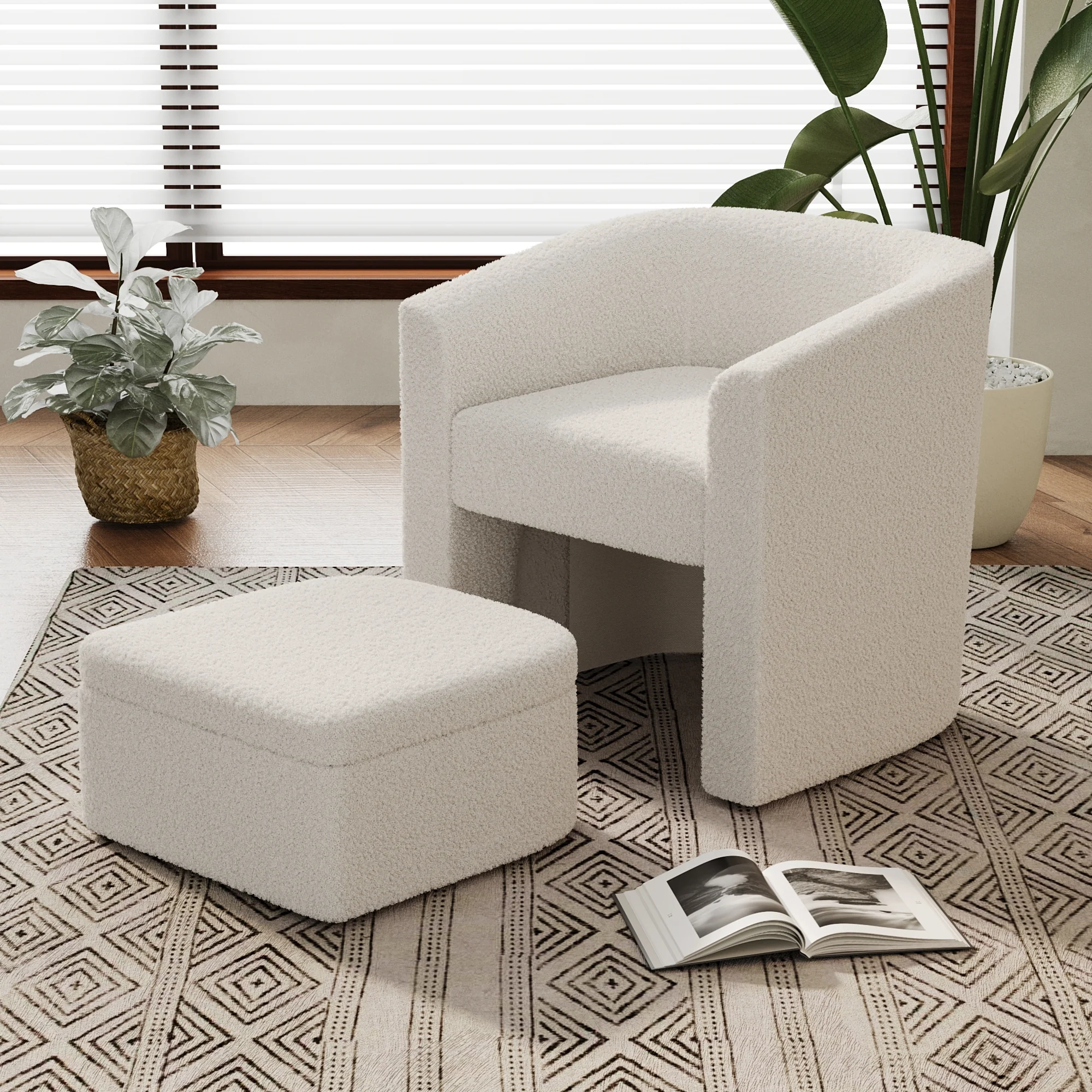 Walker Edison | Velvet Modern Accent chair and Footstool with Storage Set