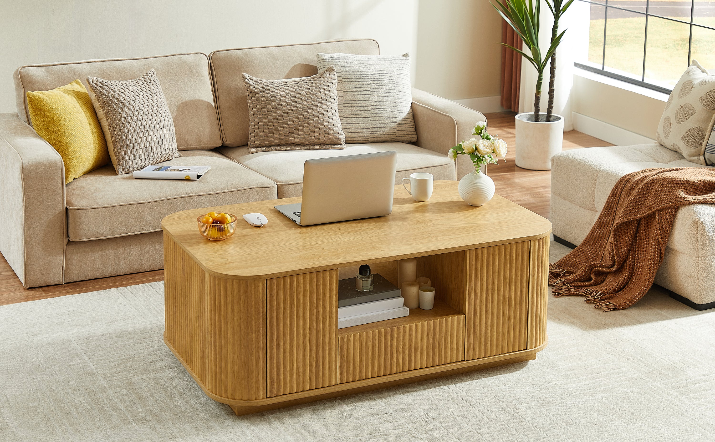 Walker Edison | Reeded Modern Curve Design Storage Coffee Table