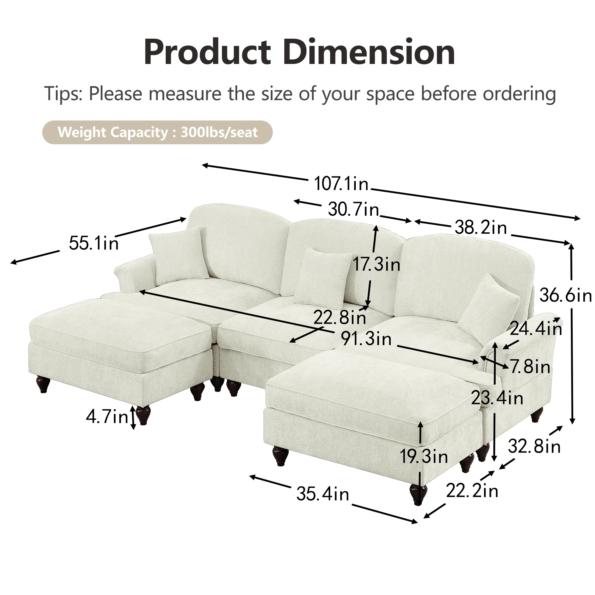 Walker Edison | 2 in 1 Classic Traditional Style Sectional Sofa with Removable Ruffles Pleats Skirts