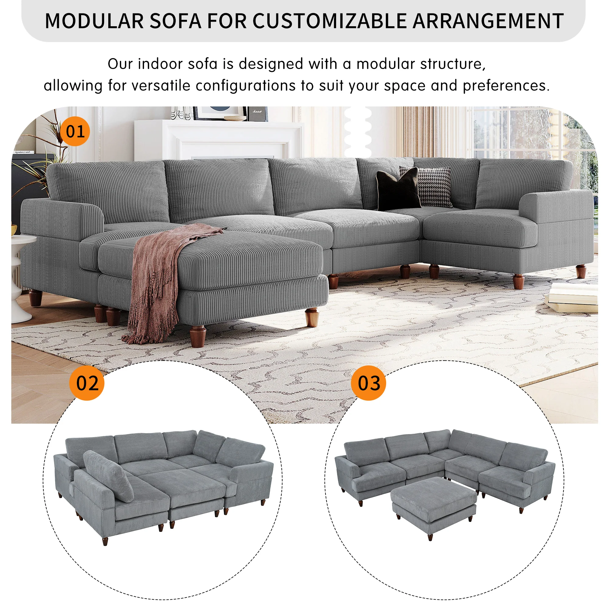 Walker Edison | Corduroy Modular Sectional Sofa with Ottoman