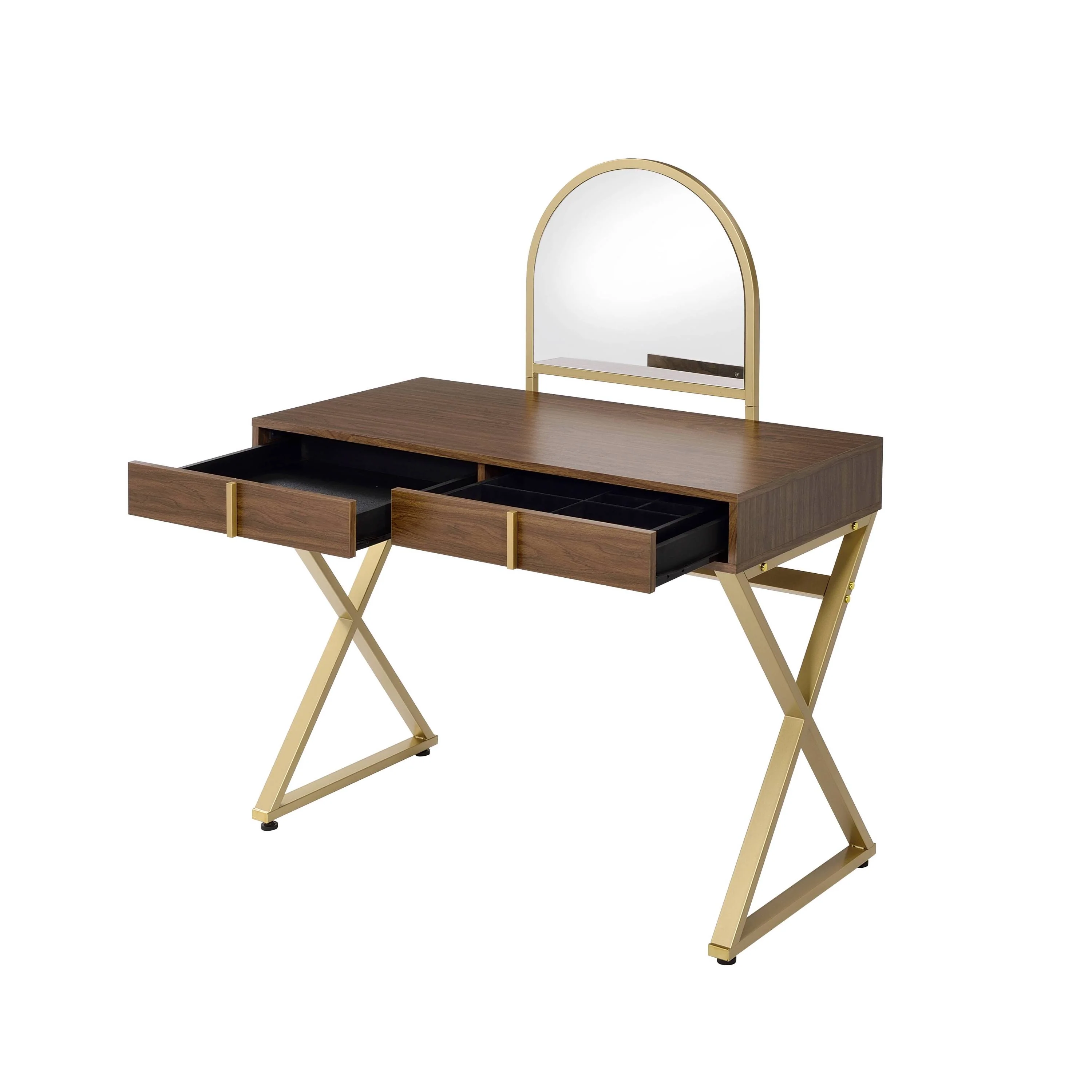 Walker Edison | Modern Walnut and Gold Finish Vanity Desk with Mirror and Jewelry Tray
