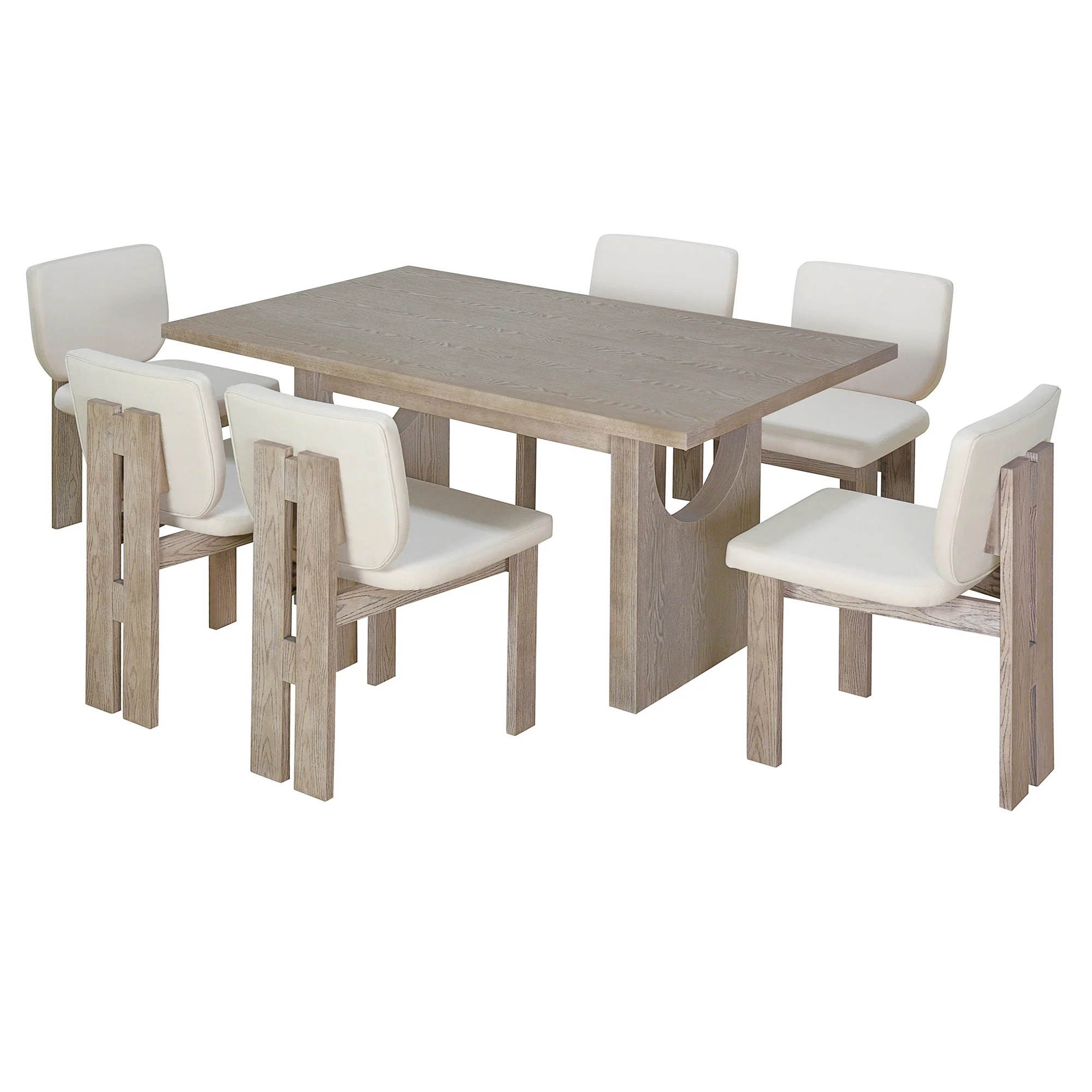Walker Edison | Natural Wood Wash 7-Piece Retro Dining Set with 6 Upholstered Chairs