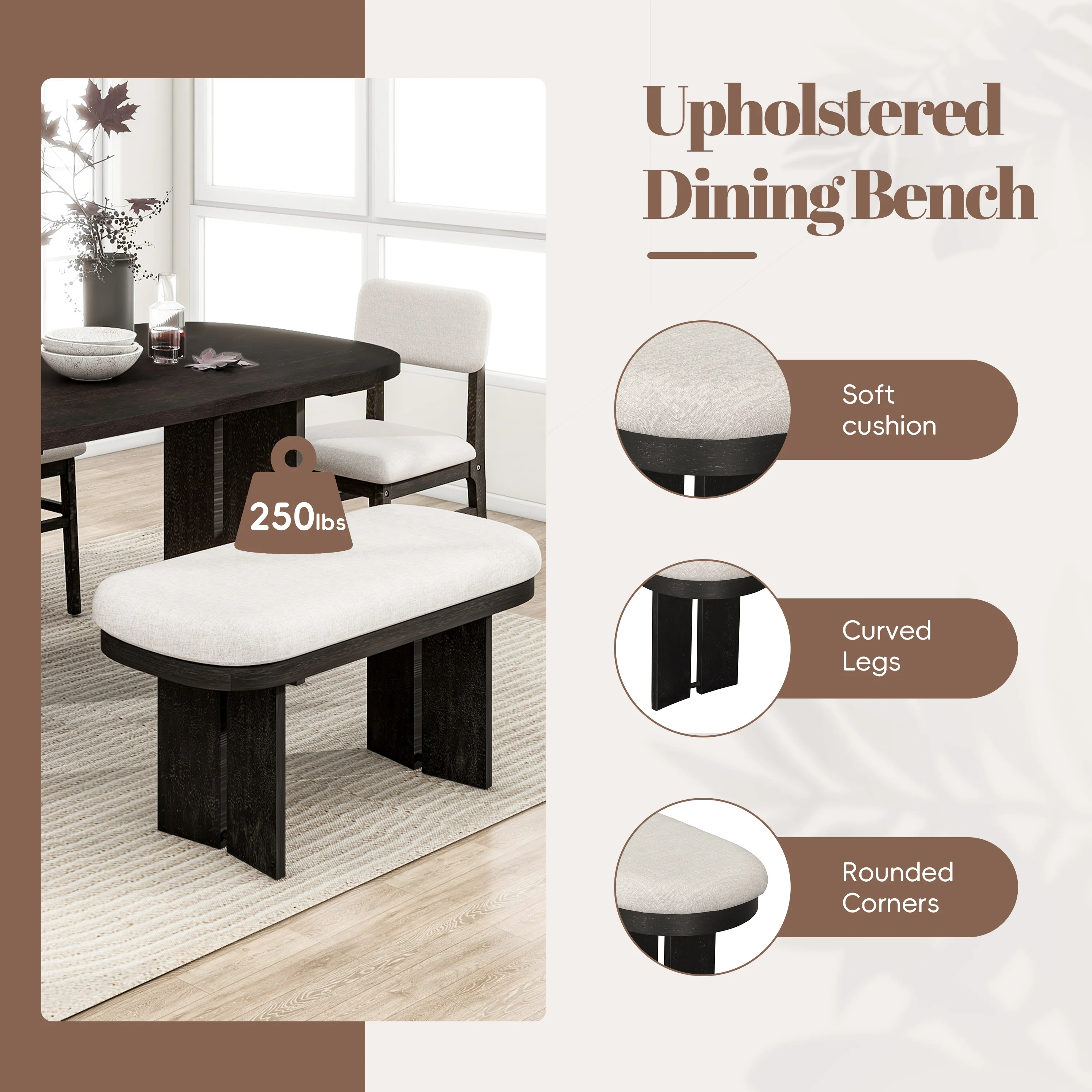 Walker Edison | Solid Wood 6-Piece Upholstered Dining Table Set with Bench