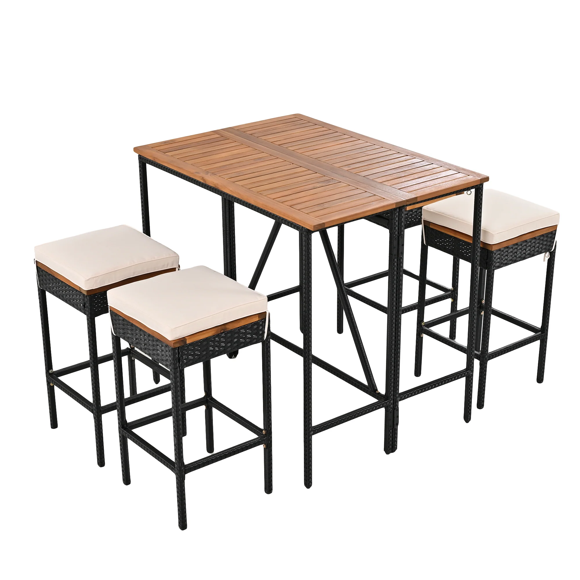 Walker Edison | Outdoor 5-Piece Acacia Wood Bar Height Table And Stool Set