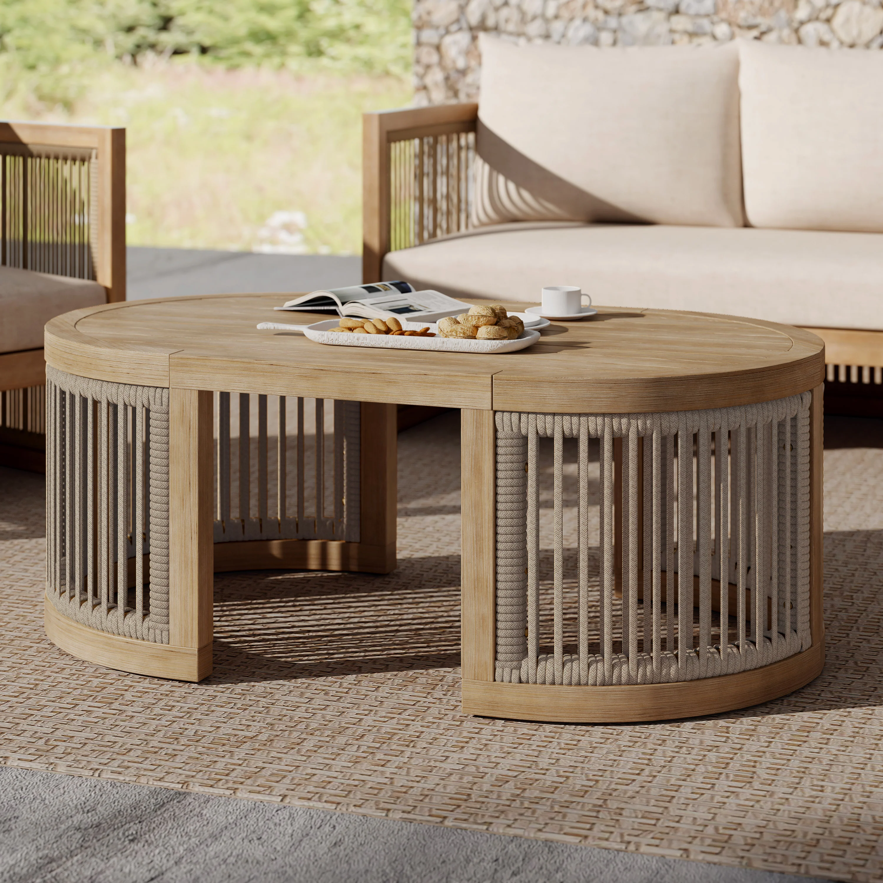 Walker Edison | Outdoor Acacia Wood Oval Coffee Table with Rope