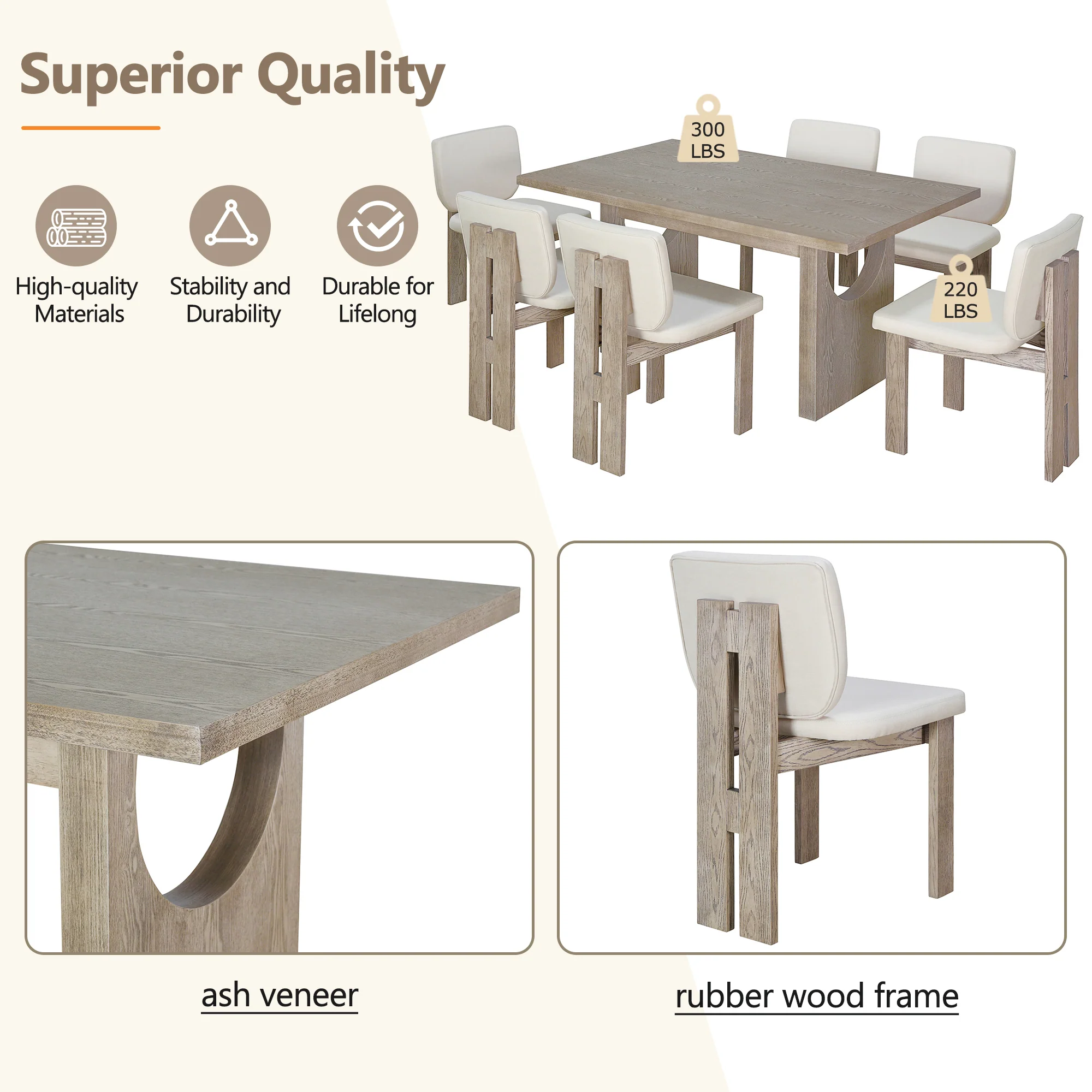 Walker Edison | Natural Wood Wash 7-Piece Retro Dining Set with 6 Upholstered Chairs