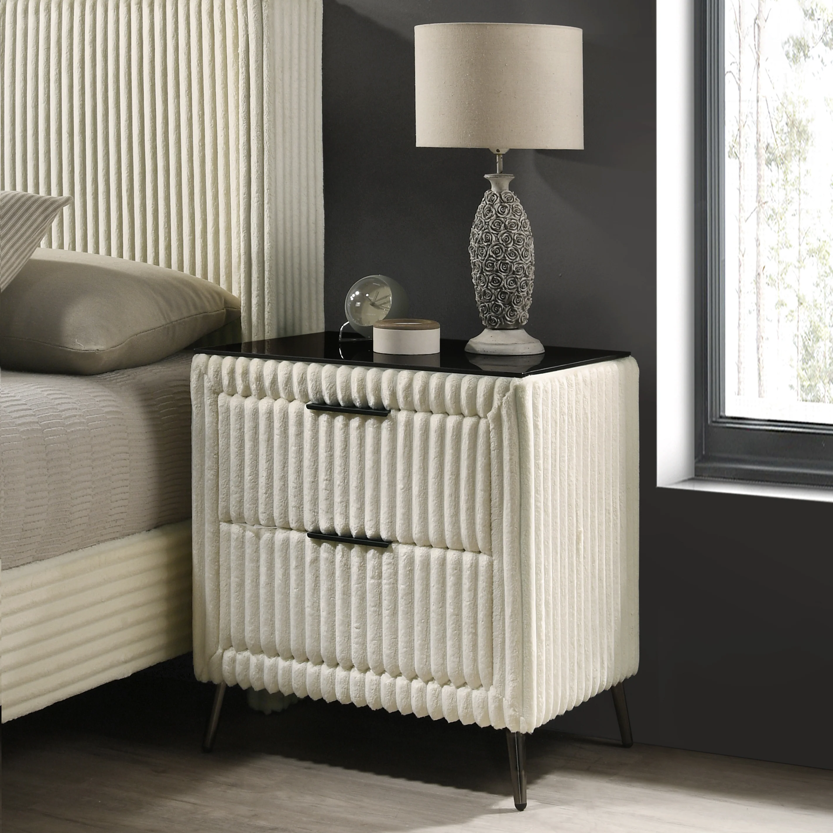Walker Edison | Corduroy Upholstery Queen Bed with 2 Nightstands