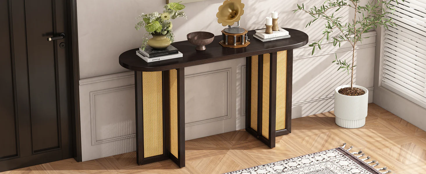Walker Edison | Farmhouse Rattan Console Table Entryway Table