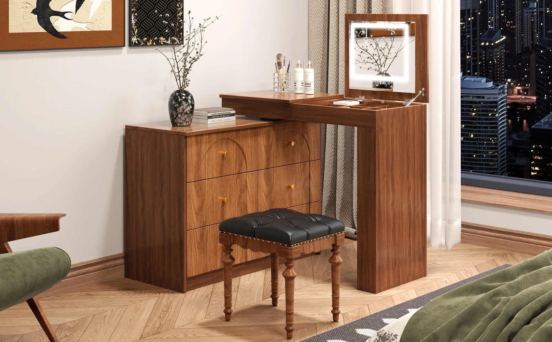Walker Edison | Multi-Functional Vanity Desk/Dresser Set with Flip-Top Mirror and Lights