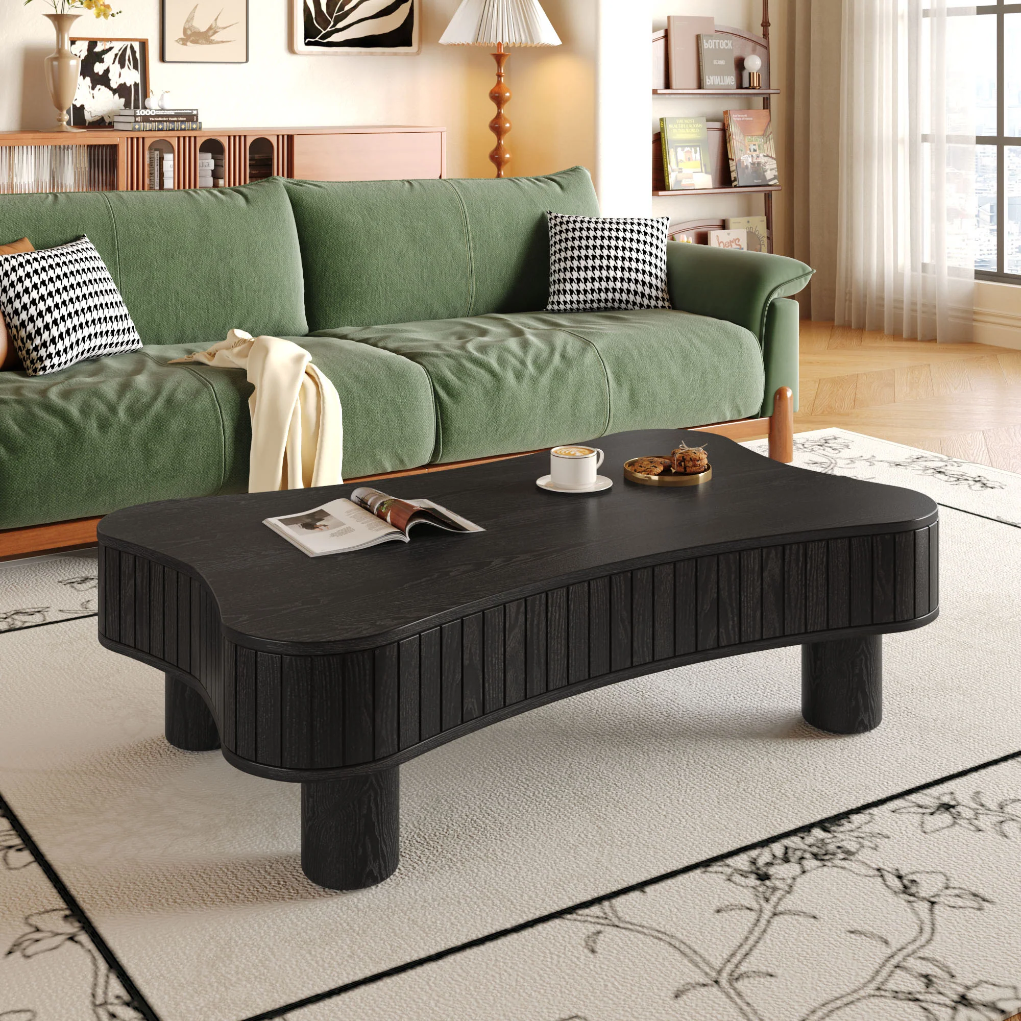 Walker Edison | Black Reeded Curve Design Lift Top Coffee Table and Desk
