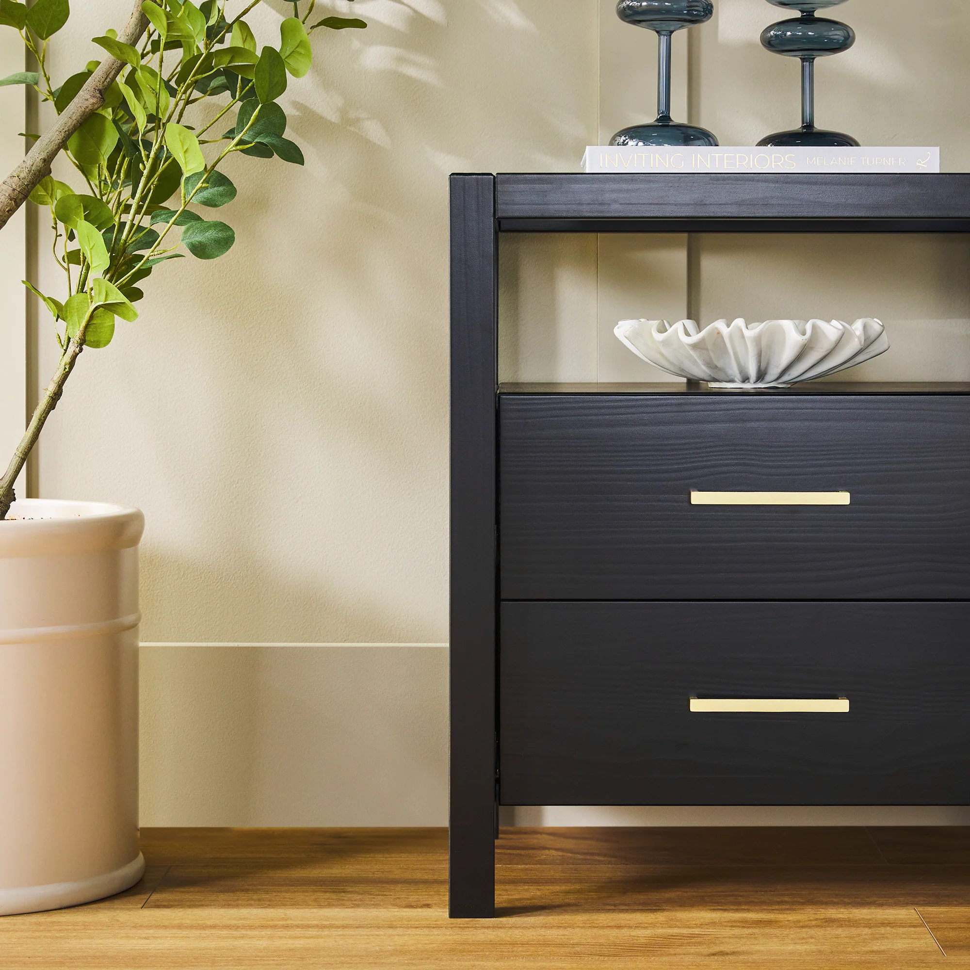 Isla Modern Easy Assembly Solid Wood 2-Drawer Nightstand Side Table with Glass Top