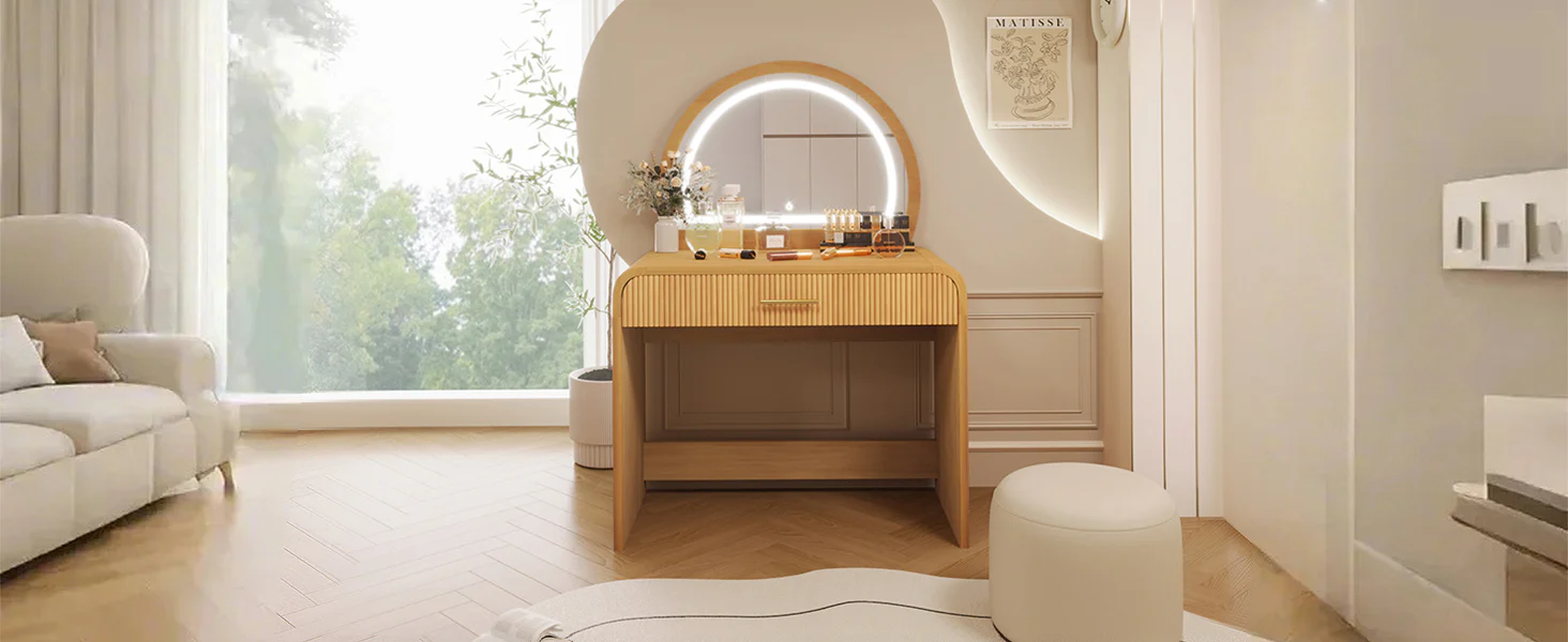 Walker Edison | Natural Reeded Curve Design Makeup Vanity Desk with Mirror