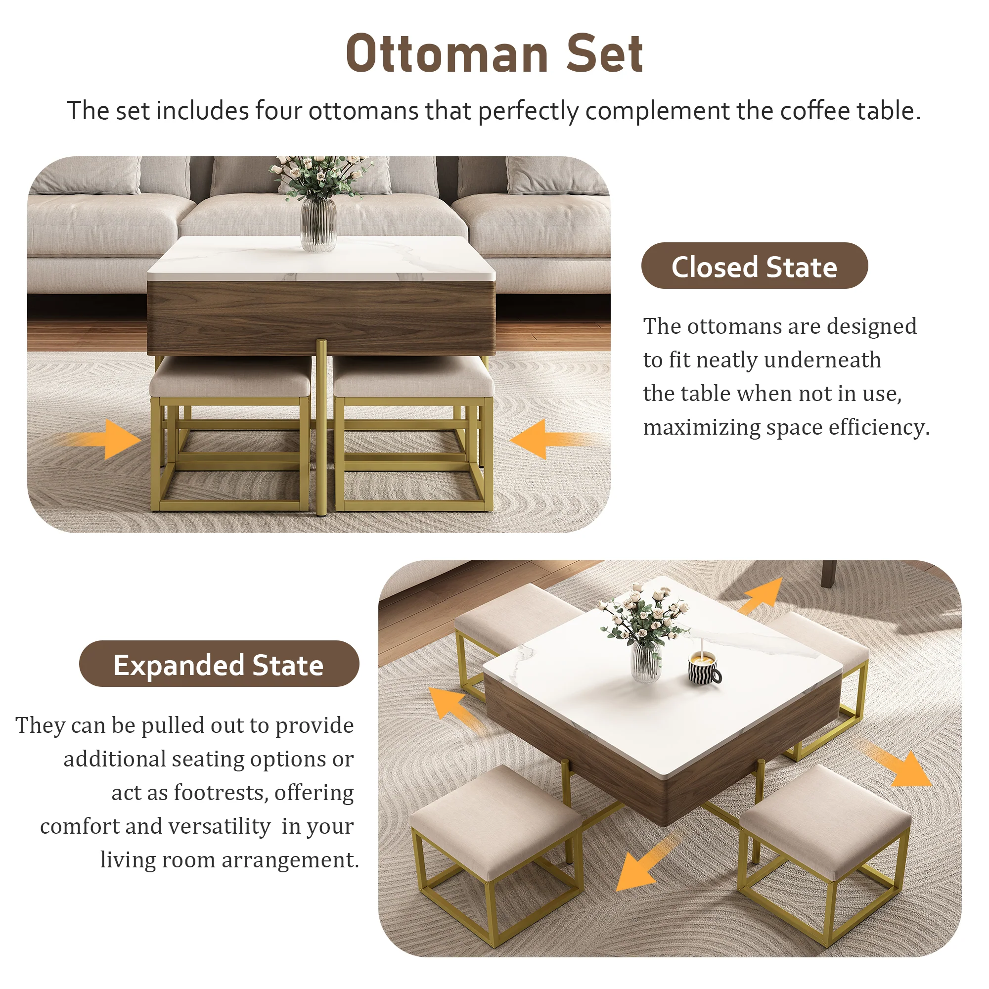 Walker Edison | Modern Square Lift-Top Coffee Table Set with 4 Ottomans