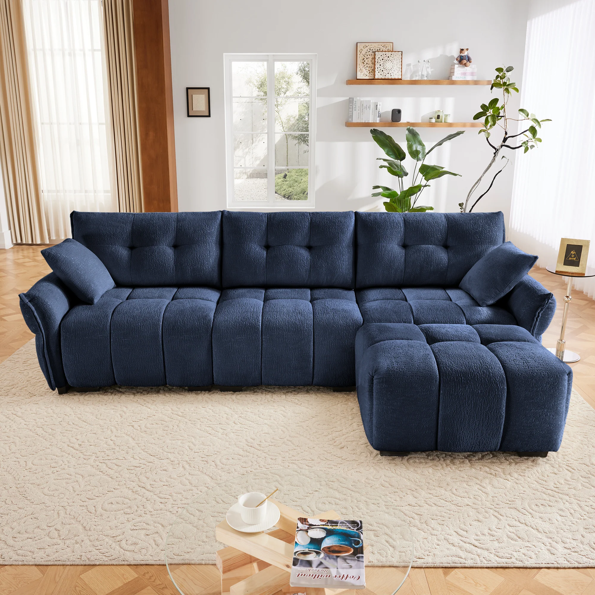 Walker Edison | Elegant Tufted Textured Chenille Blue Sofa Set with Ottoman and Pillows