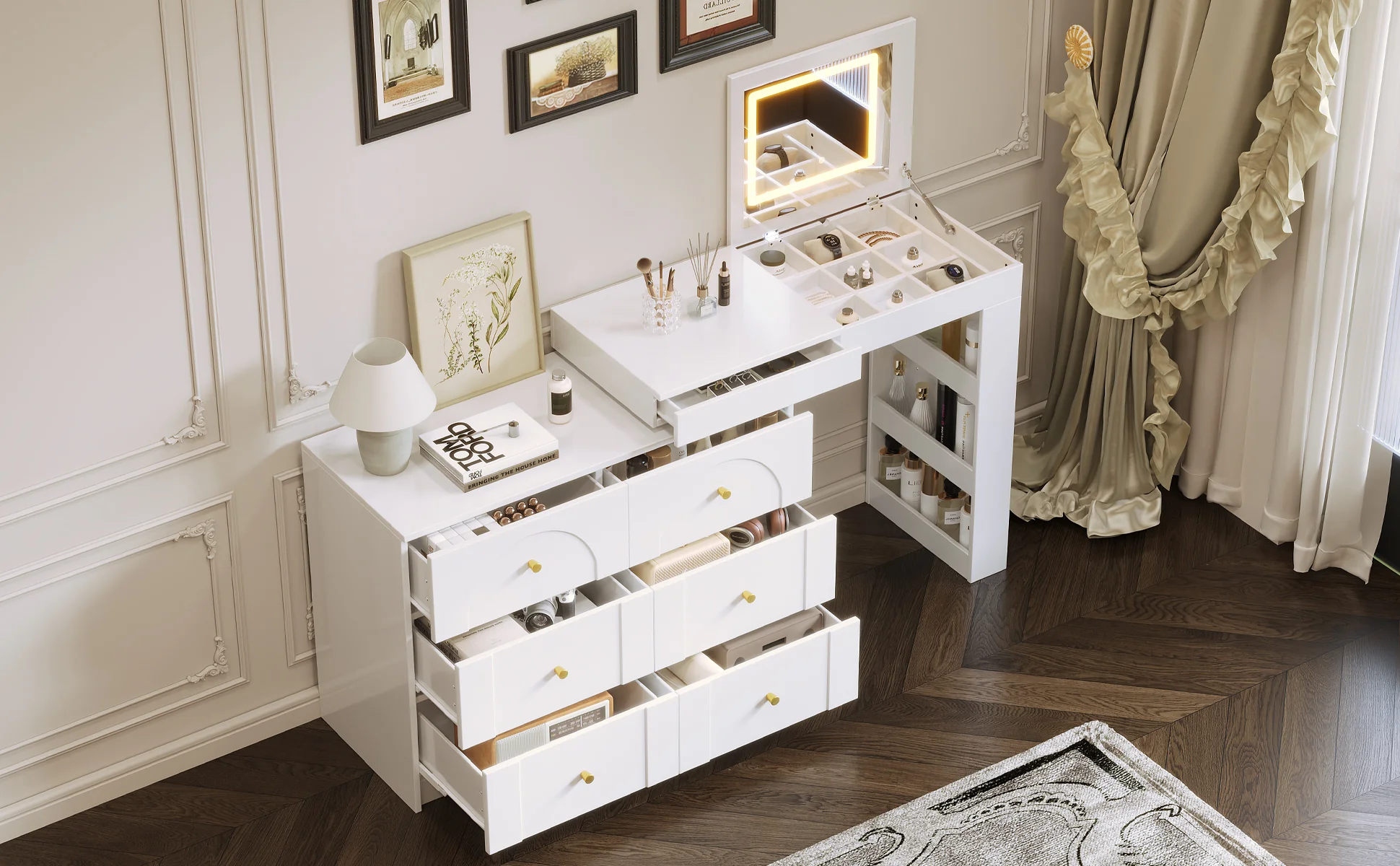 Walker Edison | White Multi-Functional Vanity Desk Dresser Set with Flip Mirror and Lights