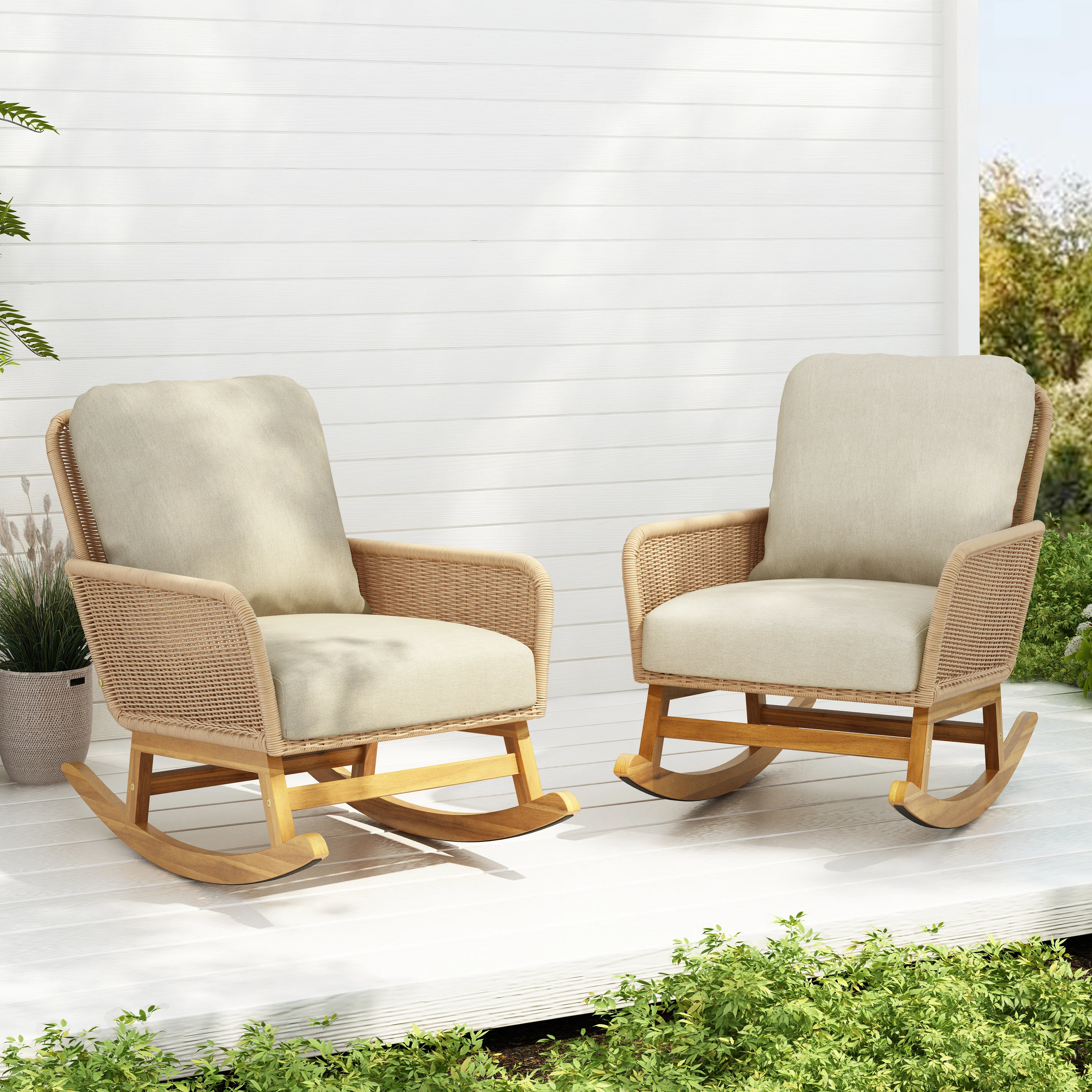 Walker Edison | Contemporary Minimalist Beige Wicker Rocking Chair Set of 2