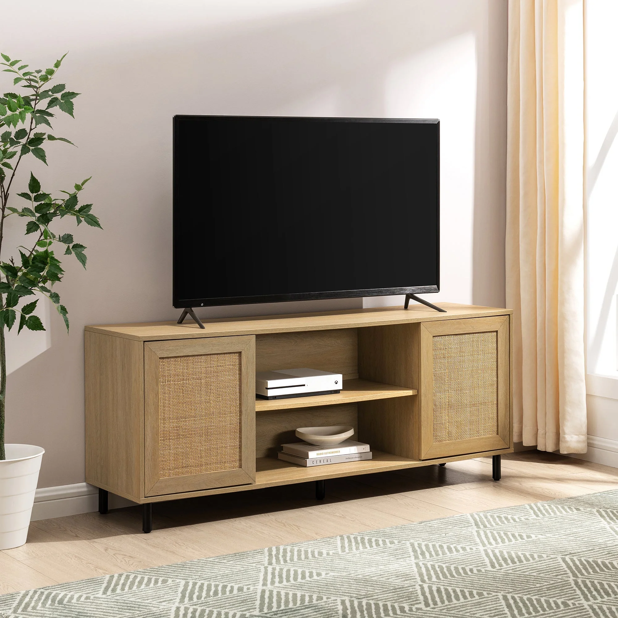 58 2 Door Wood and Rattan TV Stand