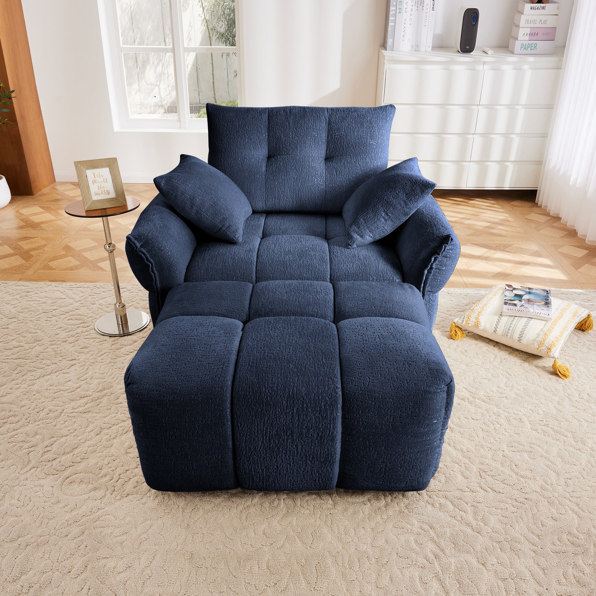 Walker Edison | Modern Ergonomic Blue Chenille Accent Chair with Ottoman Set
