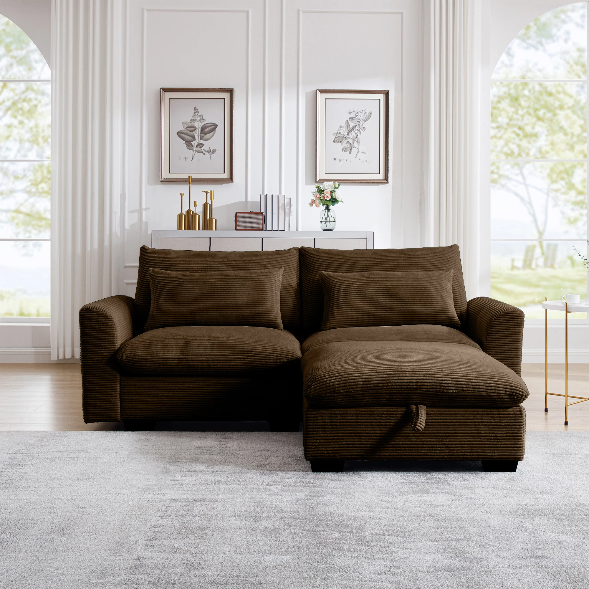 Walker Edison | Espresso Corduroy Sectional Sofa with Storage Ottoman