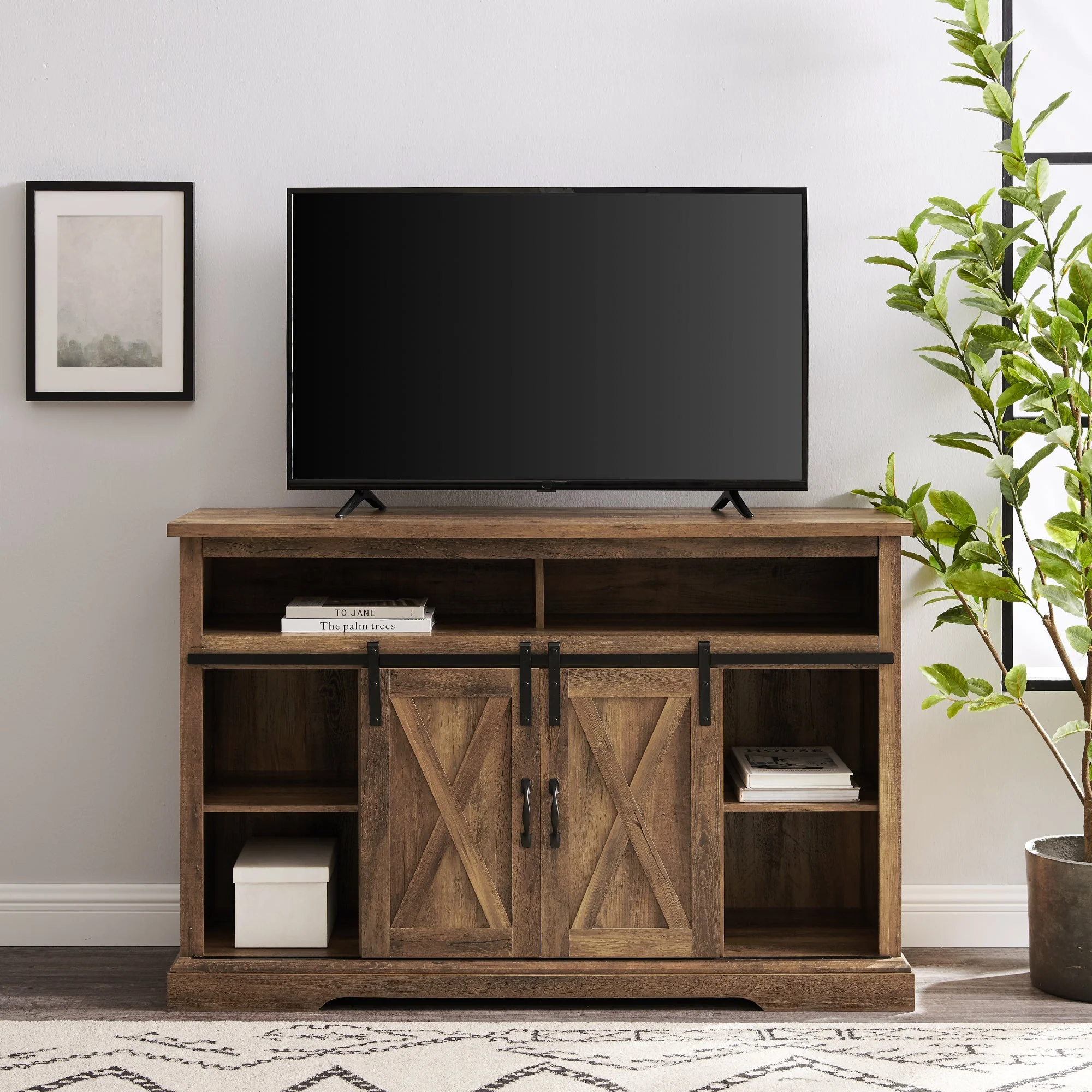Farmhouse 52 Sliding Barn Door Highboy Modern TV Stand