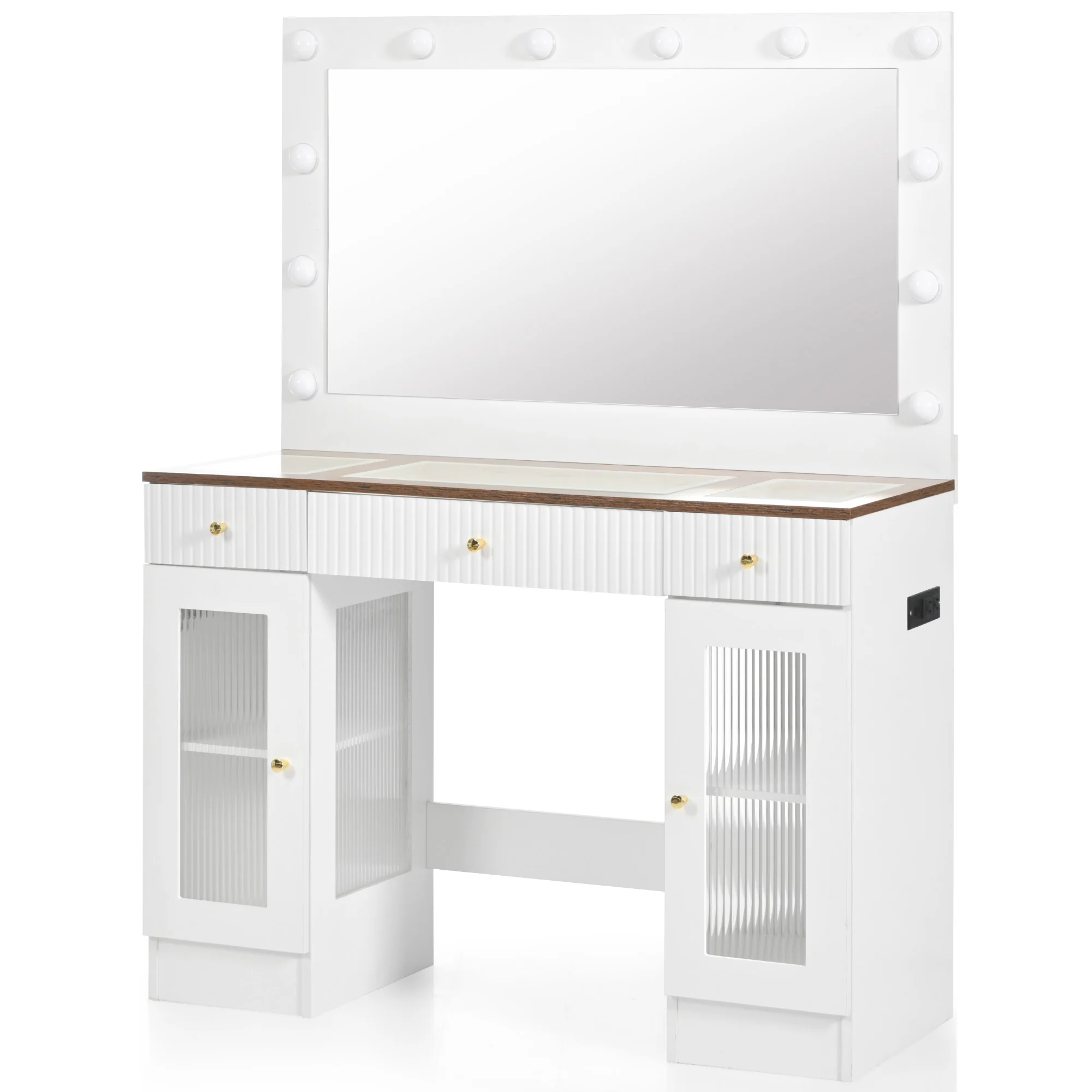 Walker Edison | Vanity Desk with Large Mirror and Hollywood Bulbs