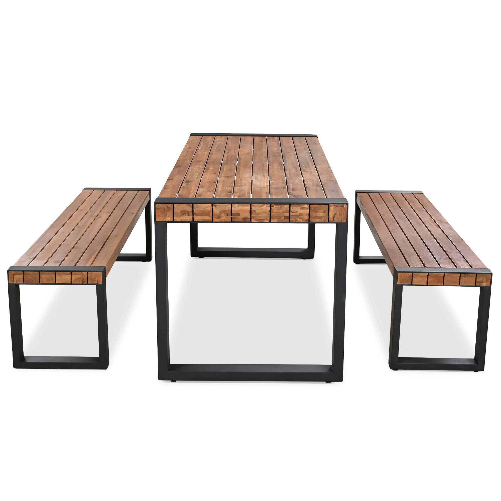 Walker Edison | Simple Outdoor Wood 3-pieces Dining Table With 2 Benches Set