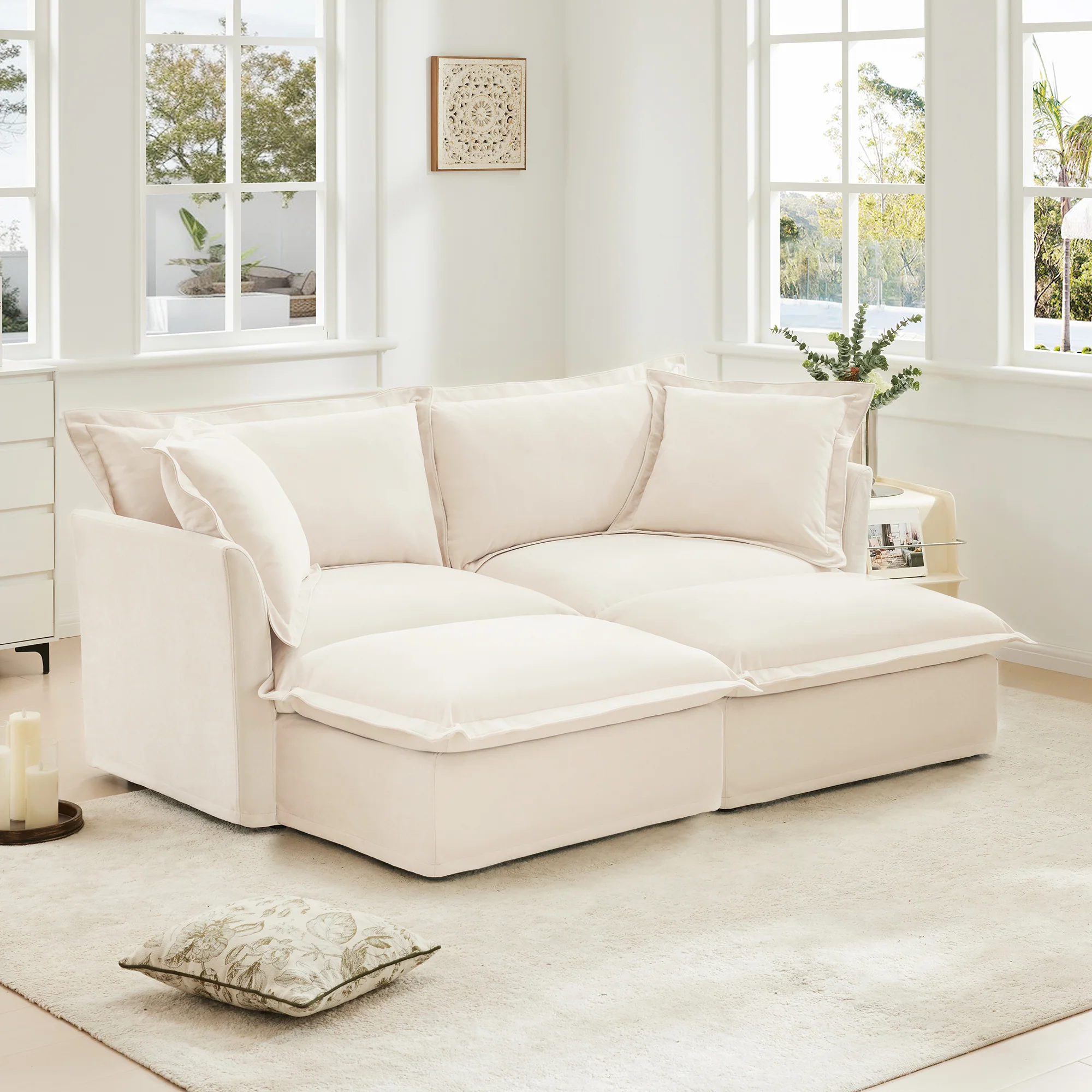 Walker Edison | Wide Deep Seat Slipcovered Beige Loveseat Sofa with 2 Ottomans