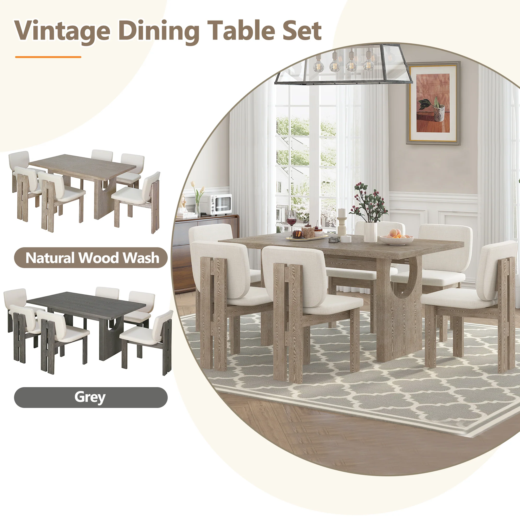 Walker Edison | Natural Wood Wash 7-Piece Retro Dining Set with 6 Upholstered Chairs