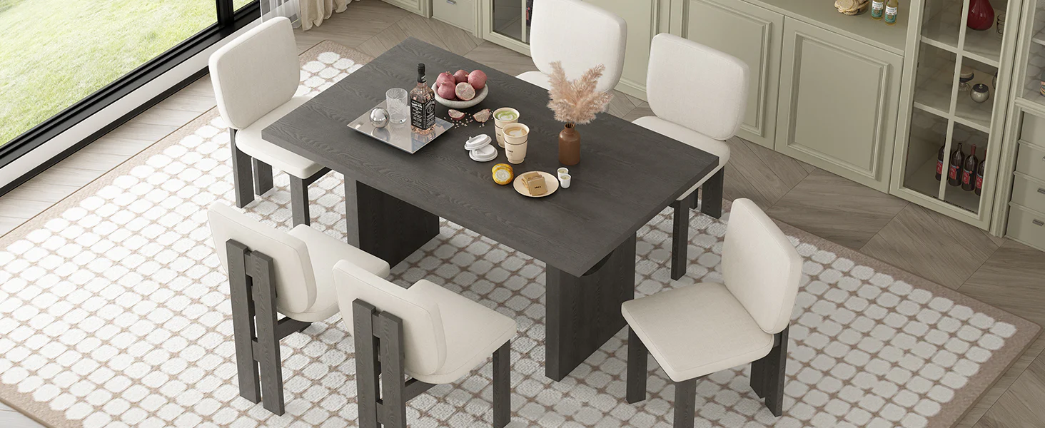 Walker Edison | 60' Wood 7-Piece Retro Dining Table Set for 6 with Upholstered Chairs