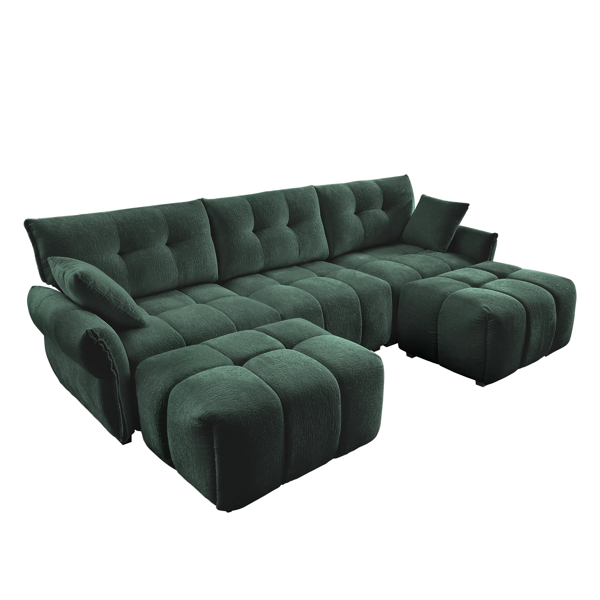 Walker Edison | Green Chenille Tufted Sectional Sofa Set With Ottoman And Throw Pillows