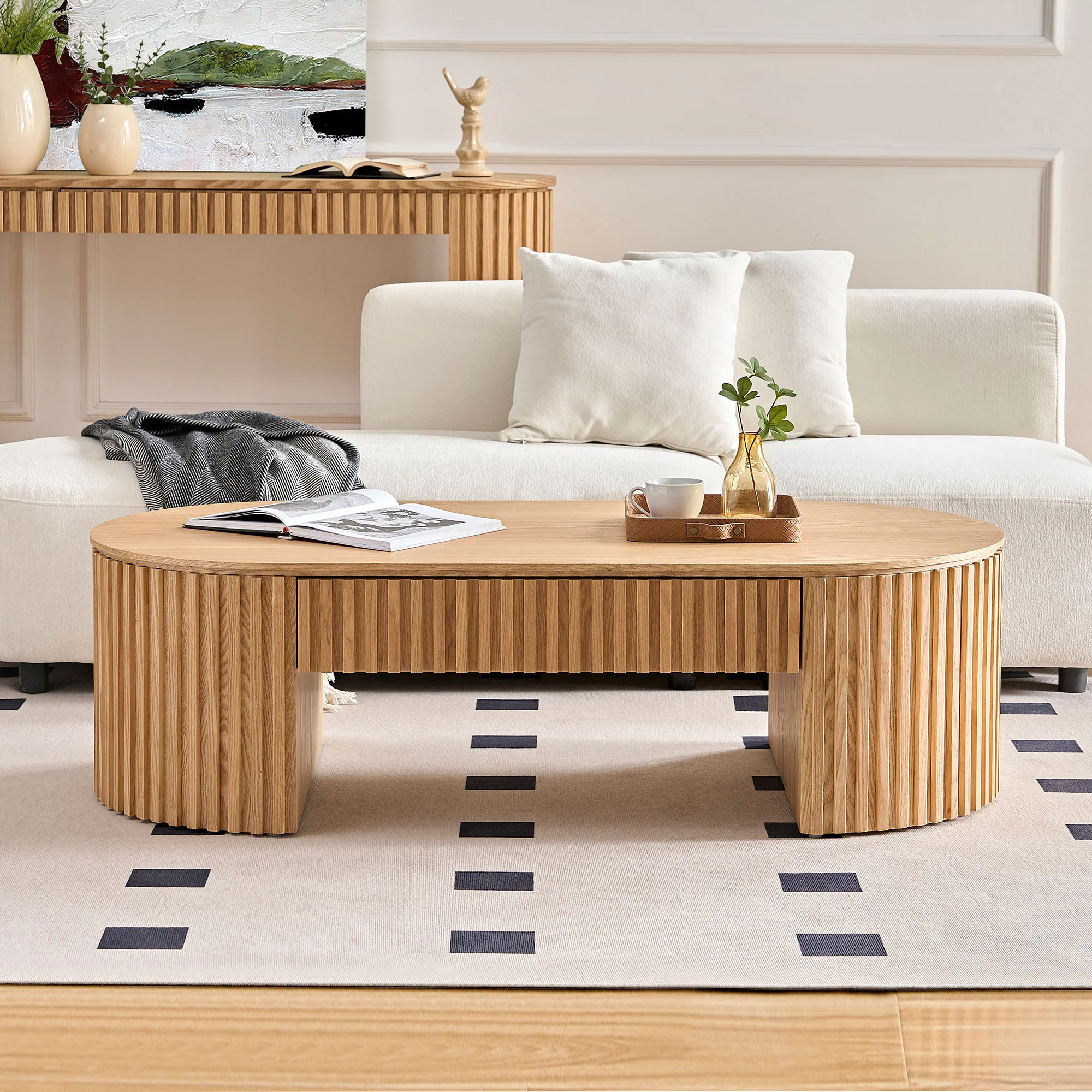 Walker Edison | Reeded Oval Wood Coffee Table With Drawer