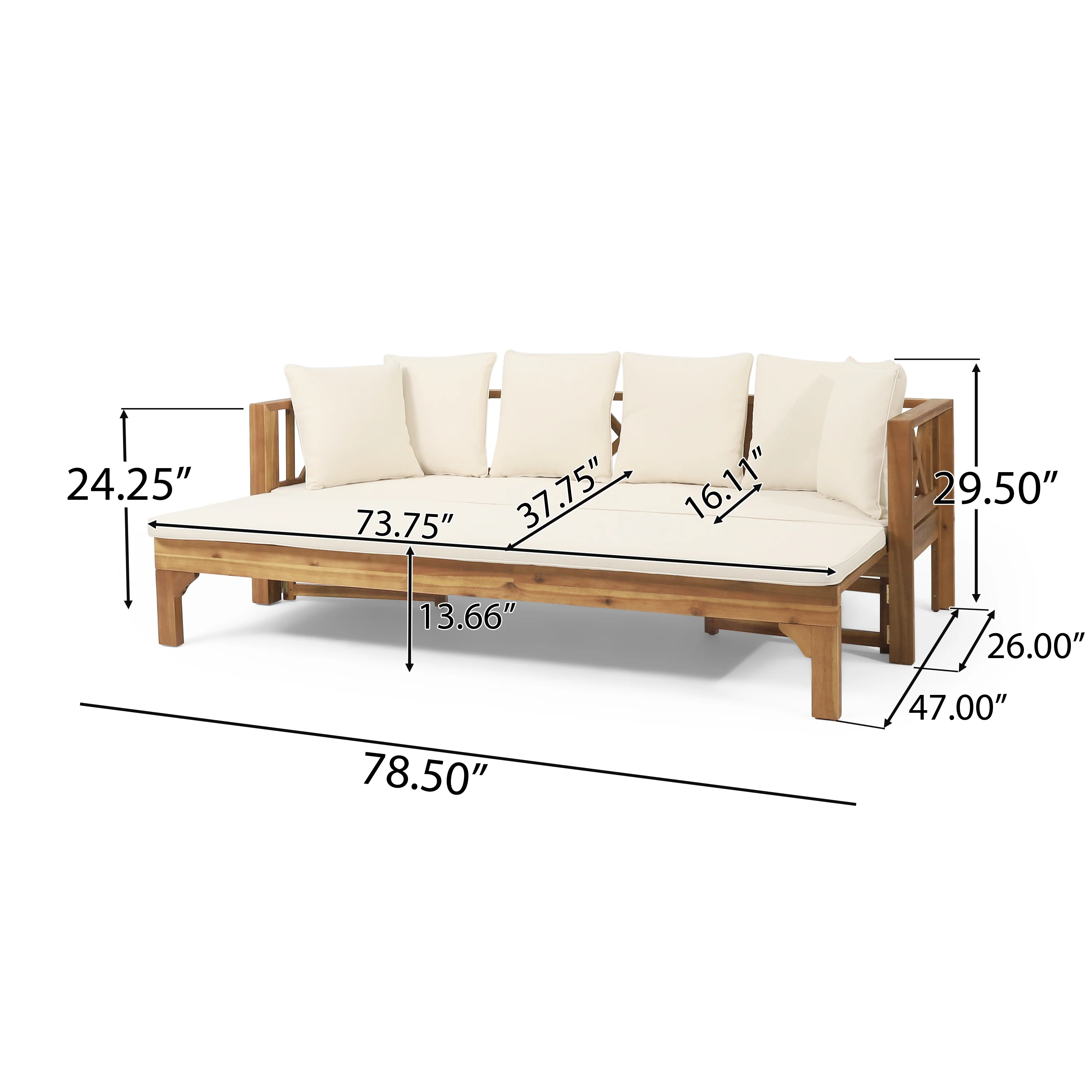 Walker Edison | Acacia Wood Outdoor Extendable Sofa into Daybed