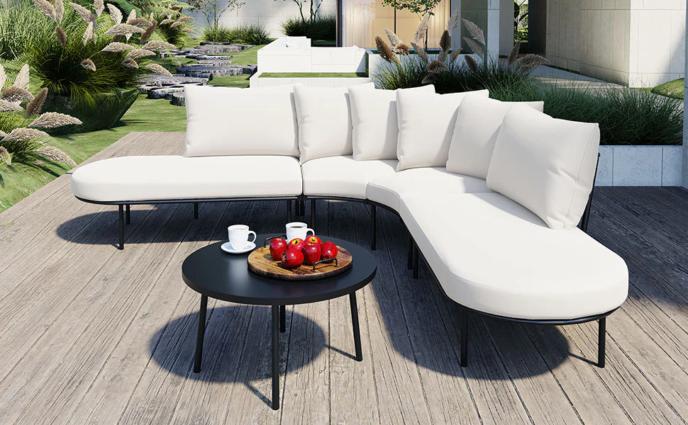 Walker Edison | Modern Half-Moon Curved Outdoor Patio Sofa Set with Coffee Table