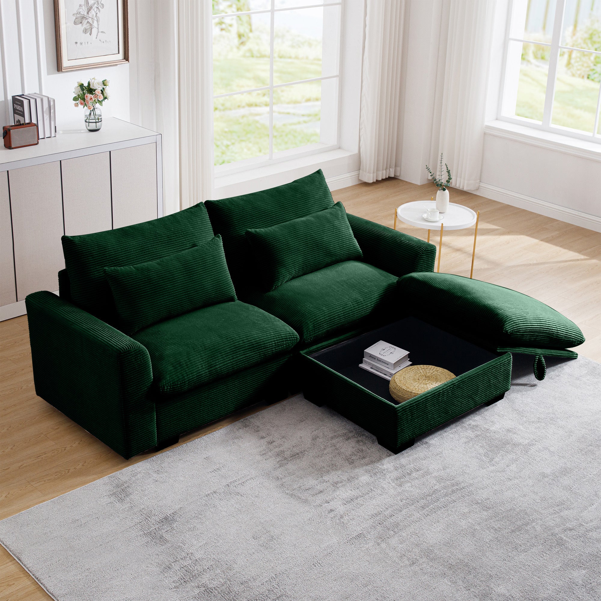 Walker Edison | Lux Green Corduroy Cloud Modular Loveseat Couch with Storage Ottoman