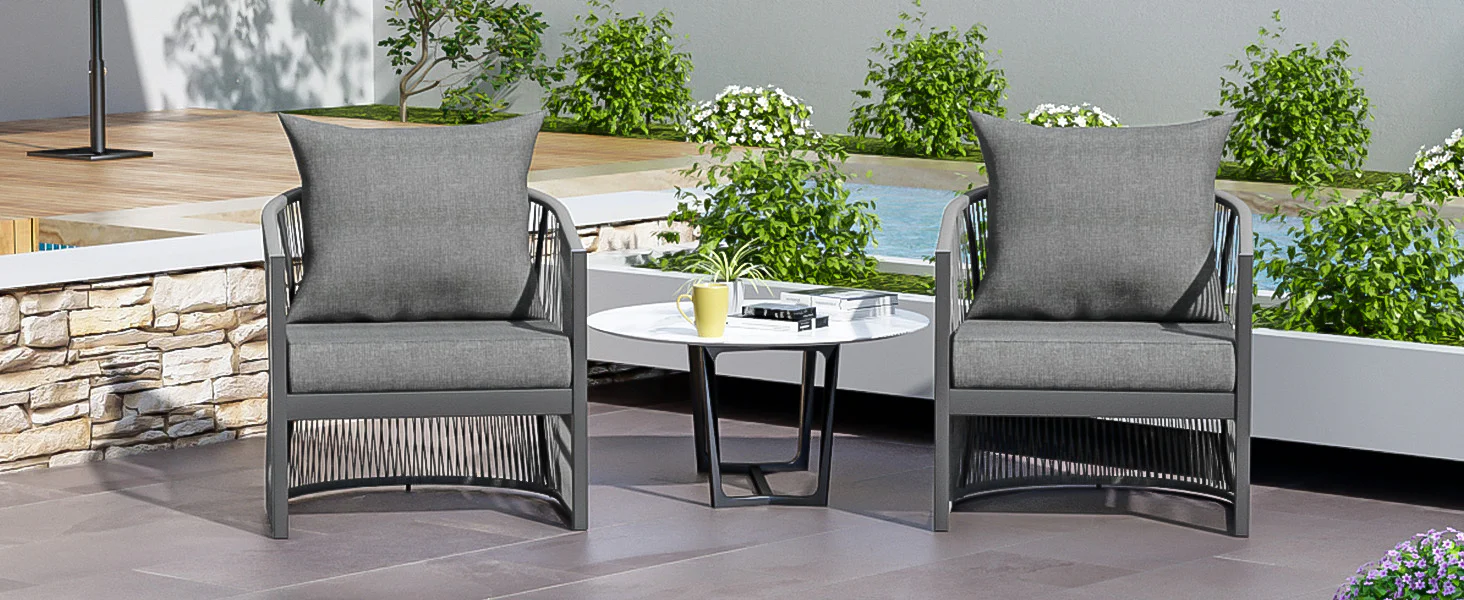 Walker Edison | Stylish Rope-Weave Gray Curved Outdoor Chairs Set of 2