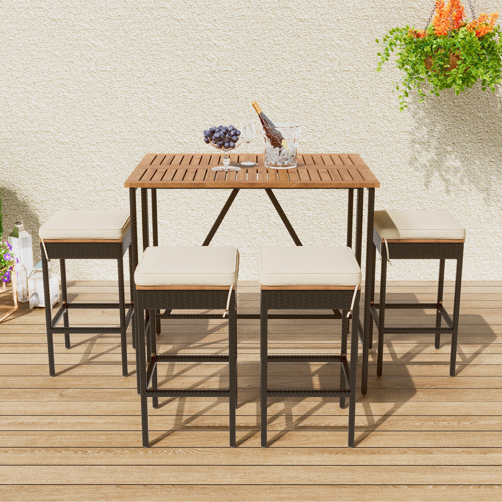 Walker Edison | Outdoor 5-Piece Acacia Wood Bar Height Table And Stool Set
