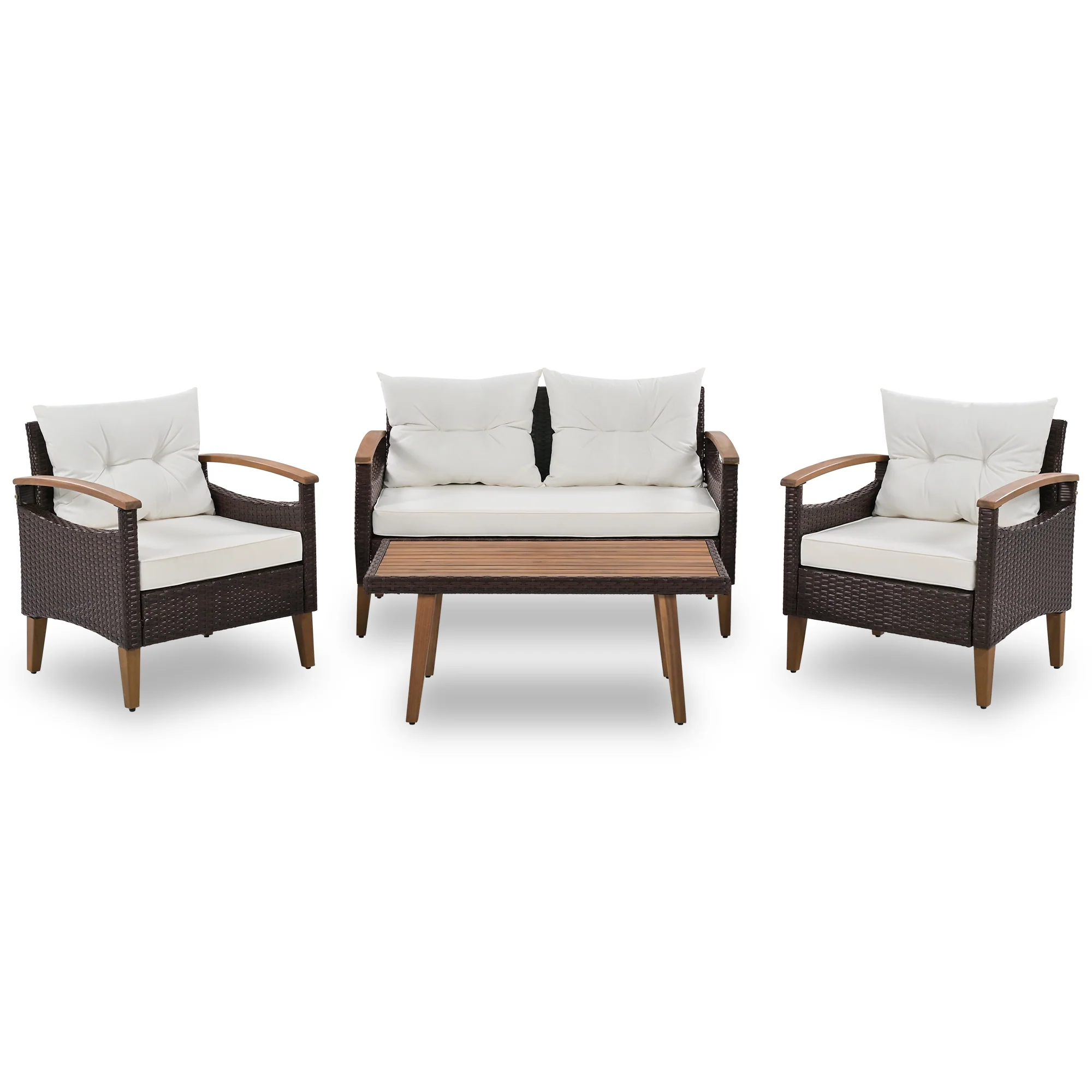 Walker Edison | 4-Piece Brown Rattan Outdoor Sofa Set with Table