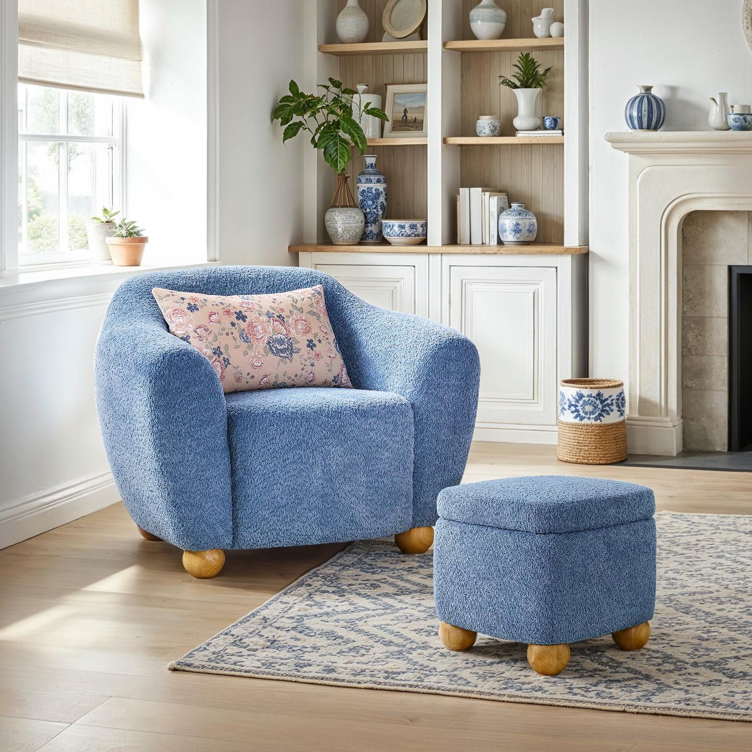 Linley Contemporary Bouclé Upholstered Accent Chair with Ottoman Set