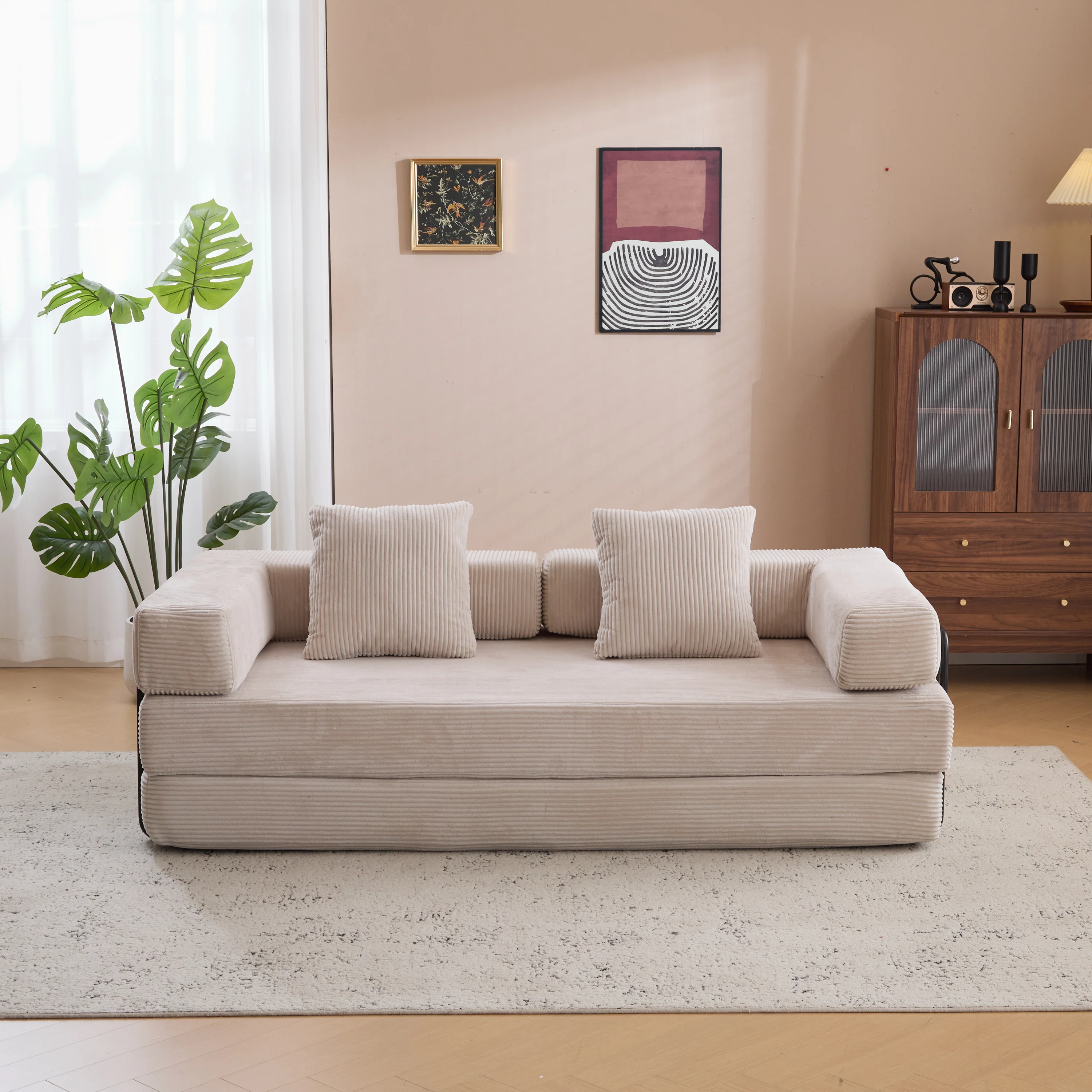 Walker Edison | Futon Corduroy Floor Sofa Bed with Pillows