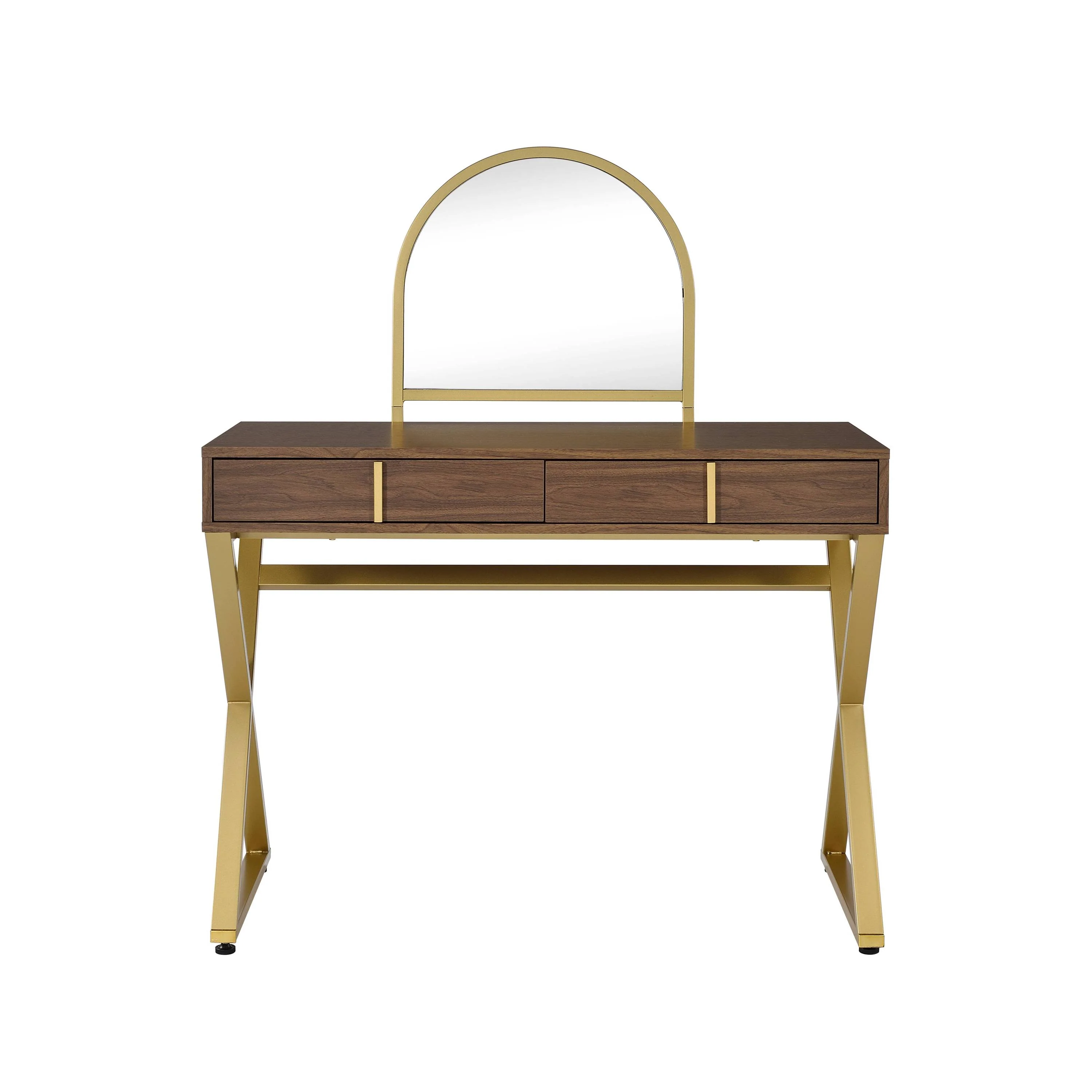 Walker Edison | Modern Walnut and Gold Finish Vanity Desk with Mirror and Jewelry Tray