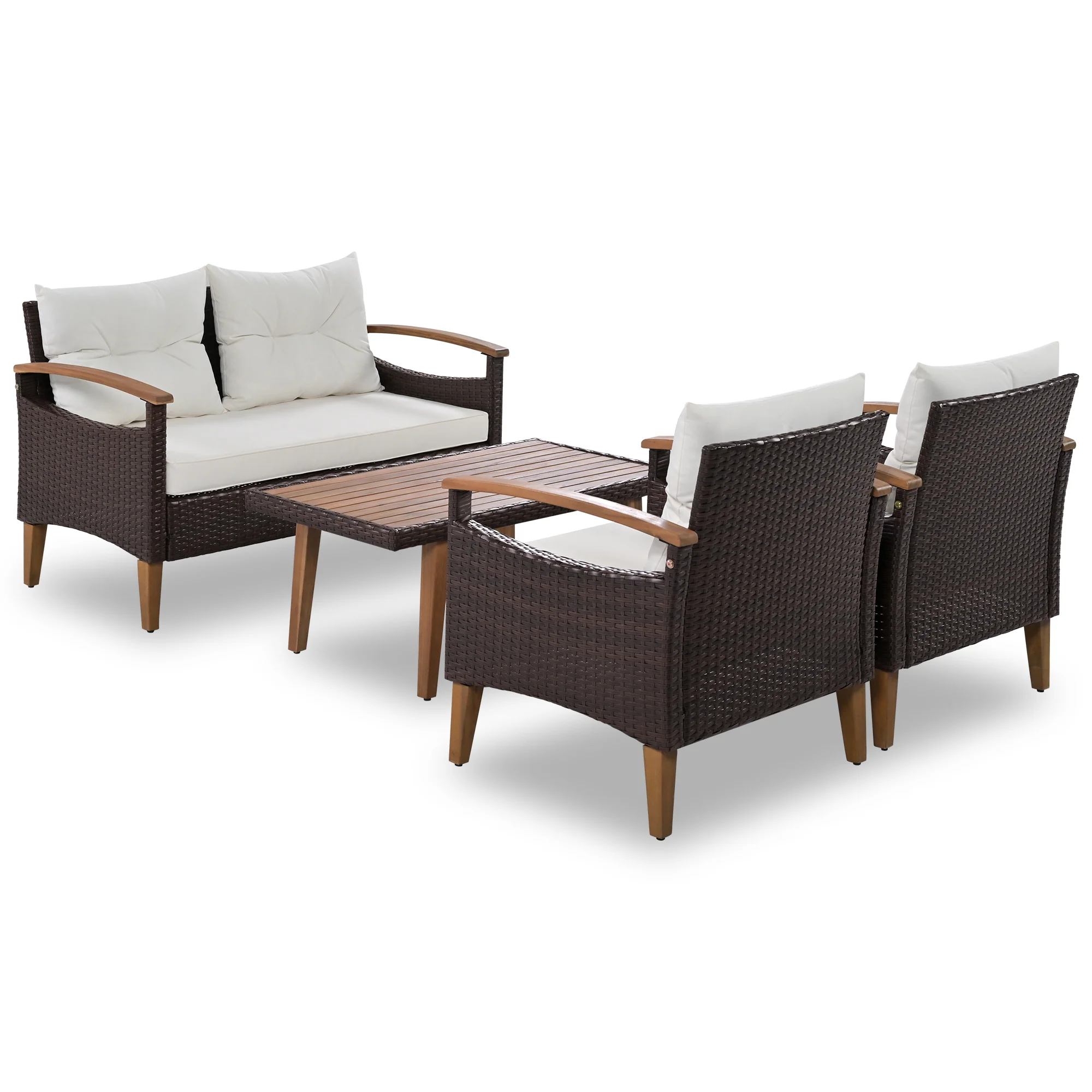 Walker Edison | 4-Piece Brown Rattan Outdoor Sofa Set with Table