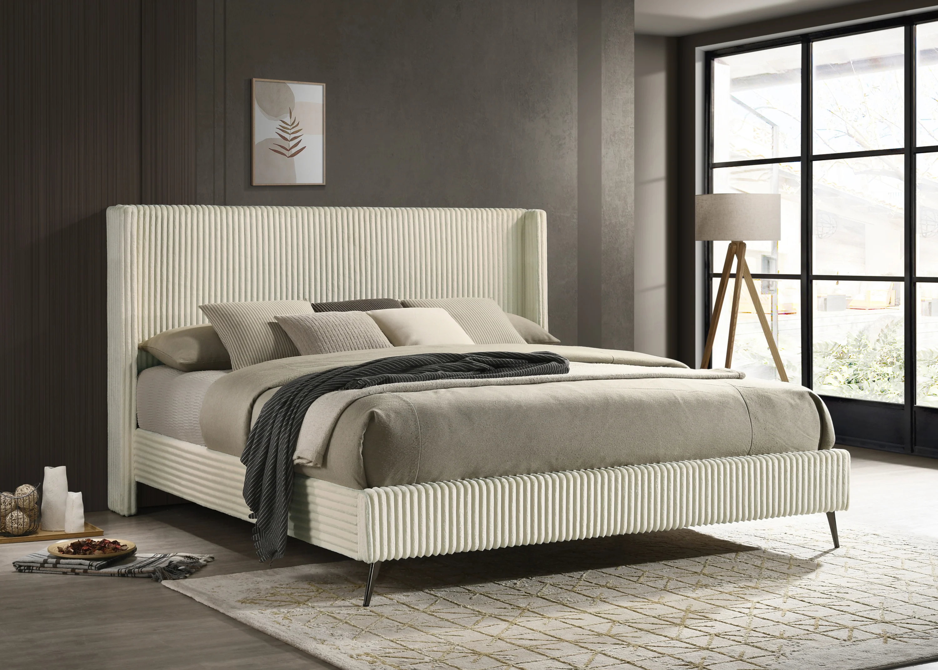 Walker Edison | Corduroy Upholstery King Bed with 2 Nightstands and Bench