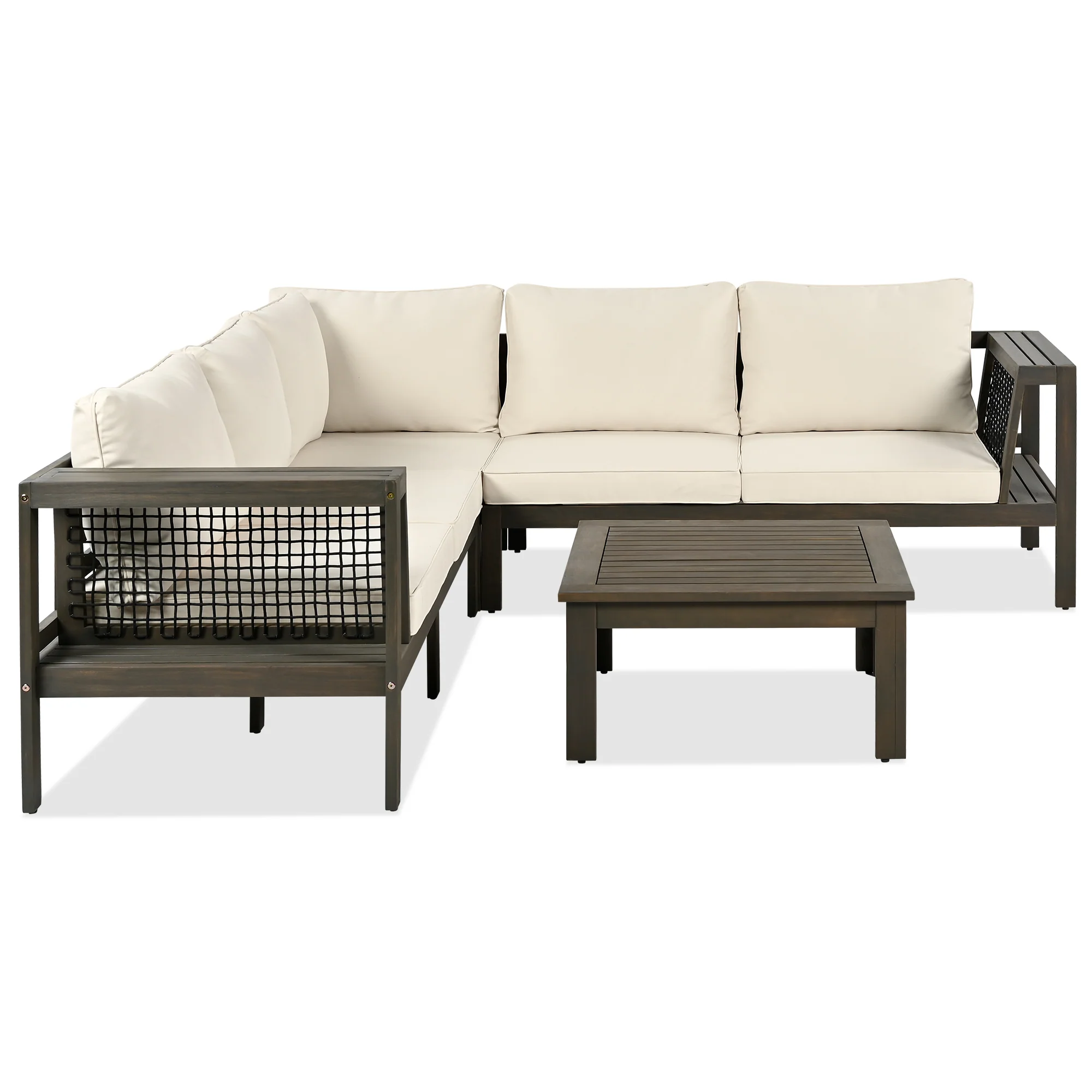 Walker Edison | Acacia L Shape Wood 4 Pieces Outdoor Sofa Set