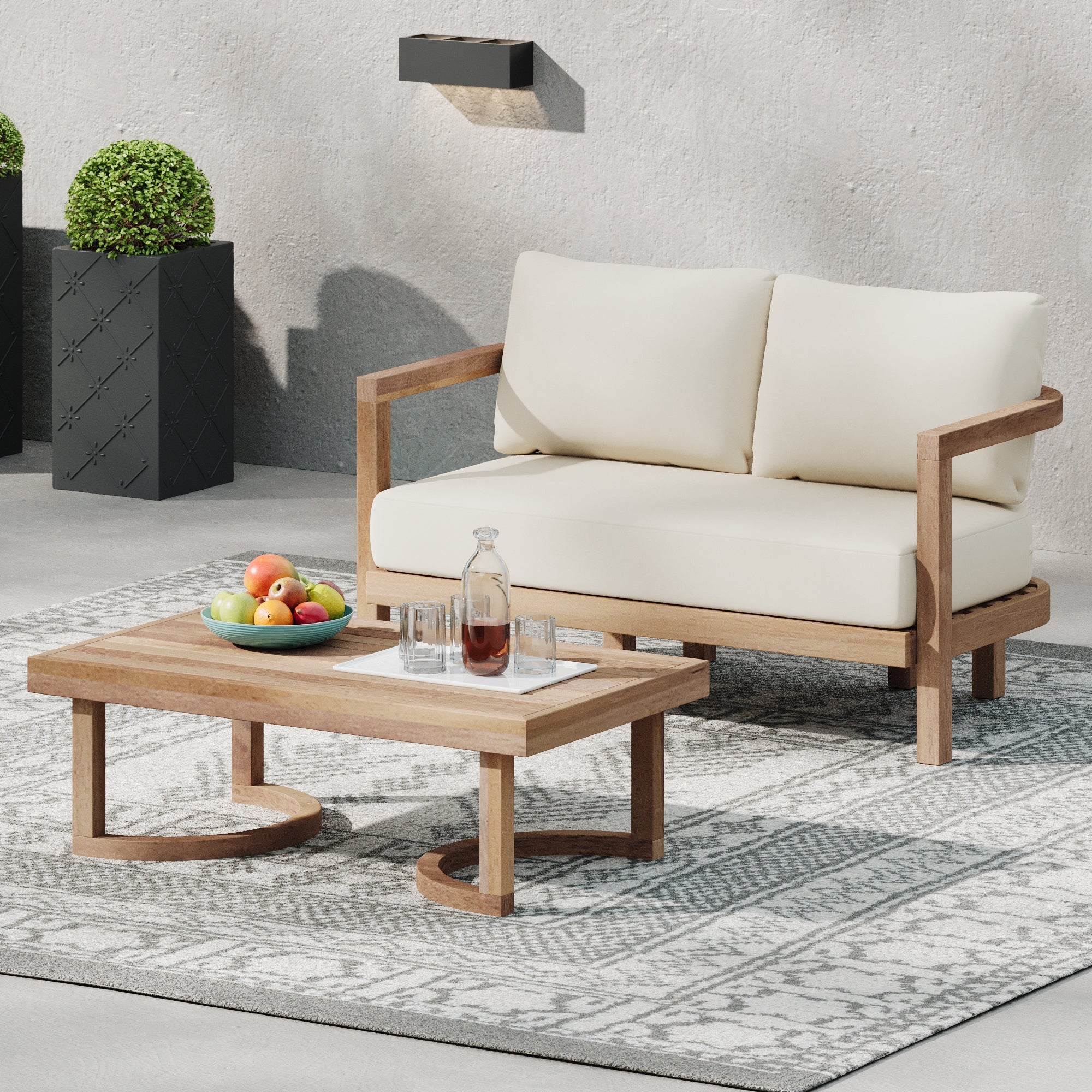 Walker Edison | Modern Outdoor Acacia Wood Patio Loveseat and Coffee Table